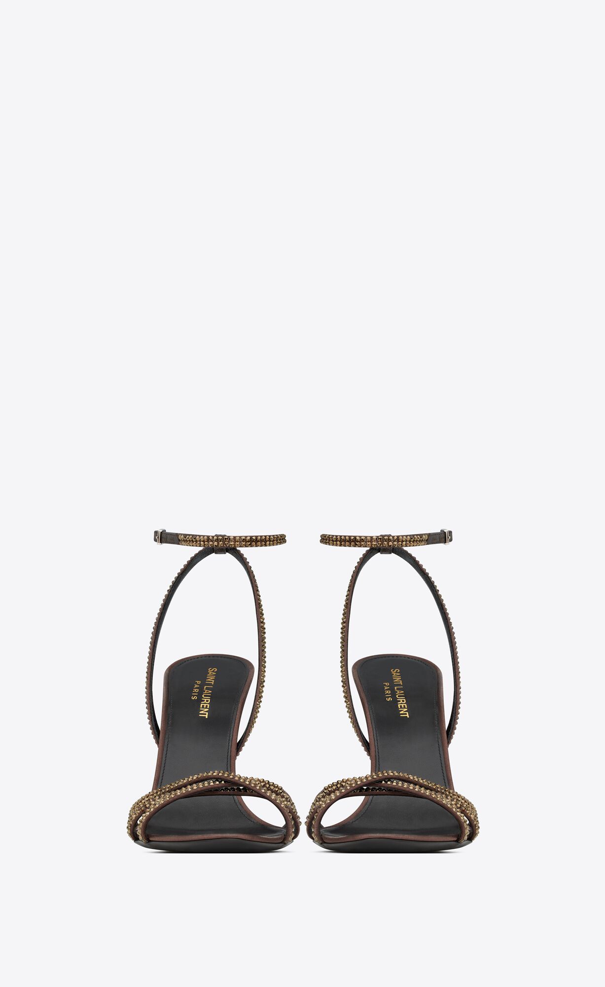 YSL Ava Sandals In Crepe Satin With Rhinestones Dark Chocolate And Crystal | CFNRY9362