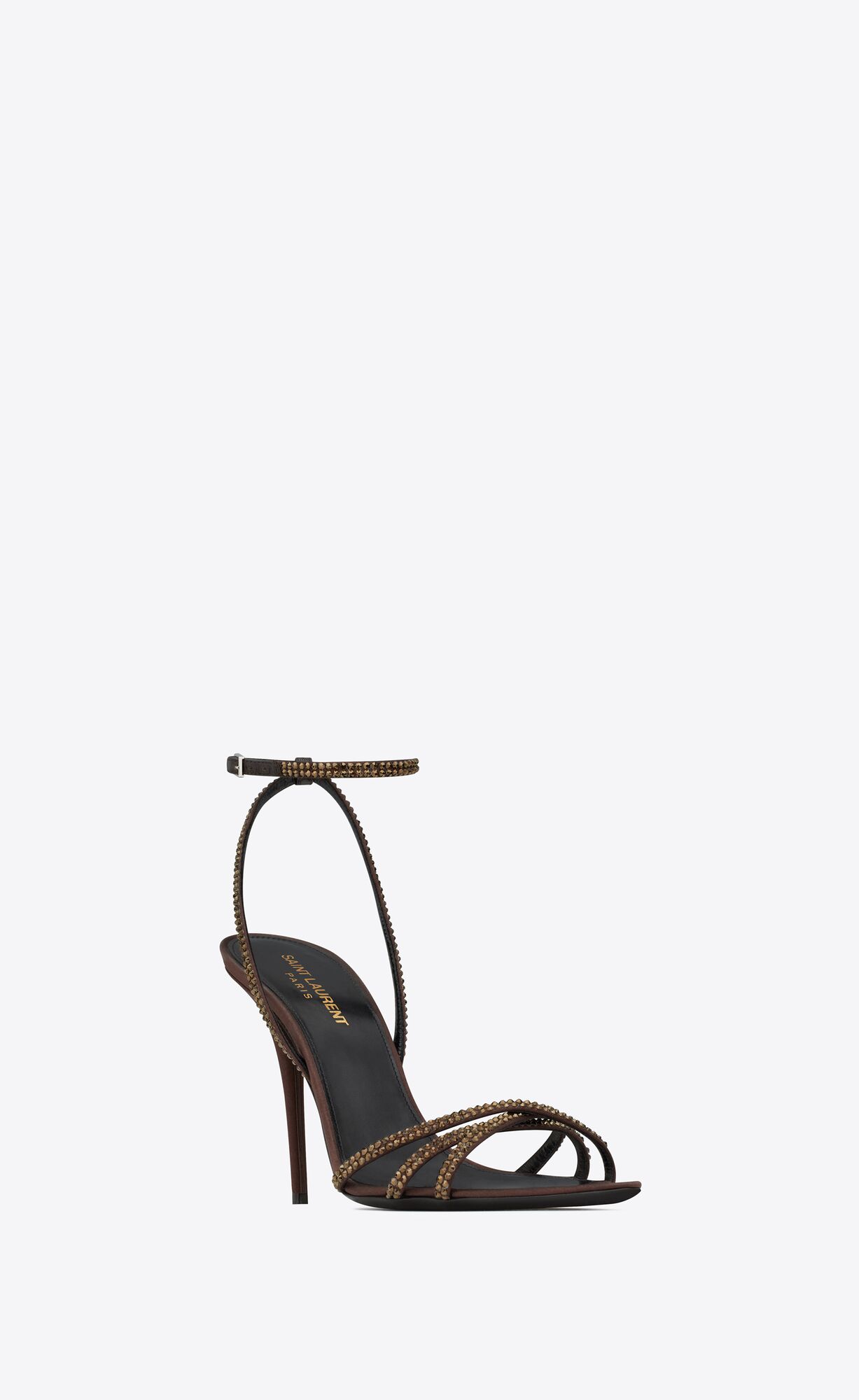 YSL Ava Sandals In Crepe Satin With Rhinestones Dark Chocolate And Crystal | CFNRY9362