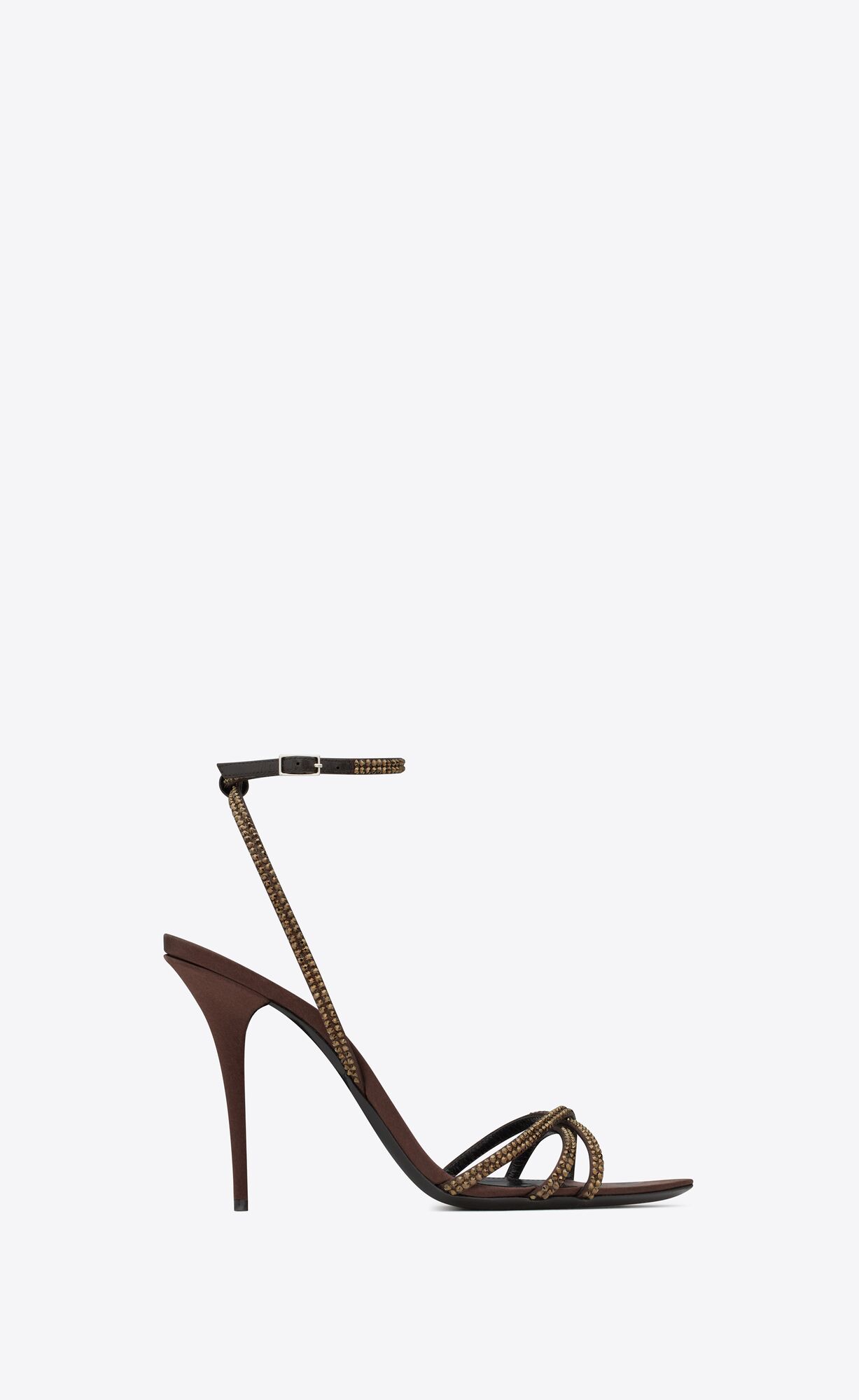 YSL Ava Sandals In Crepe Satin With Rhinestones Dark Chocolate And Crystal | CFNRY9362