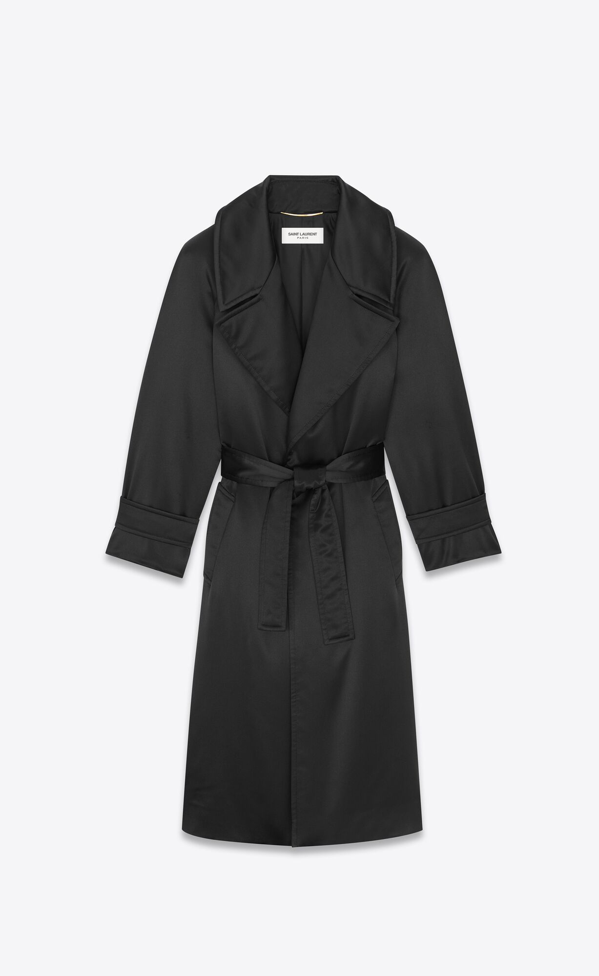 YSL Belted Coat In Crepe Satin Black | CHLST3628