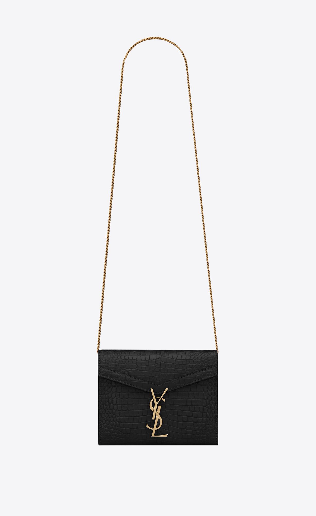 YSL Cassandra Chain Wallet In Crocodile-embossed Shiny Leather Black | ZSNIT4905