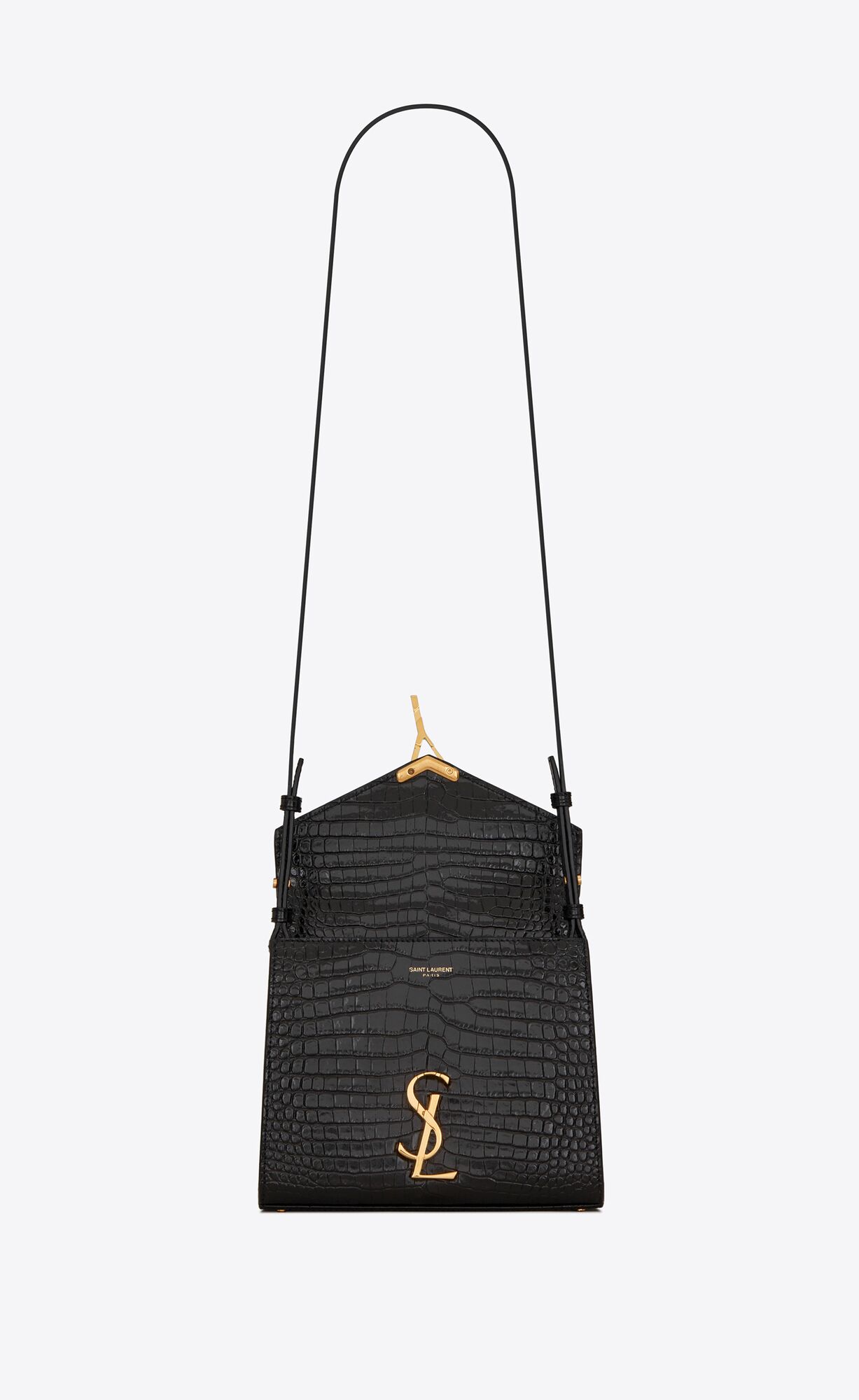 YSL Cassandra Mini Top Handle Bag In Crocodile-embossed Shiny Leather Black | GZQUC6298