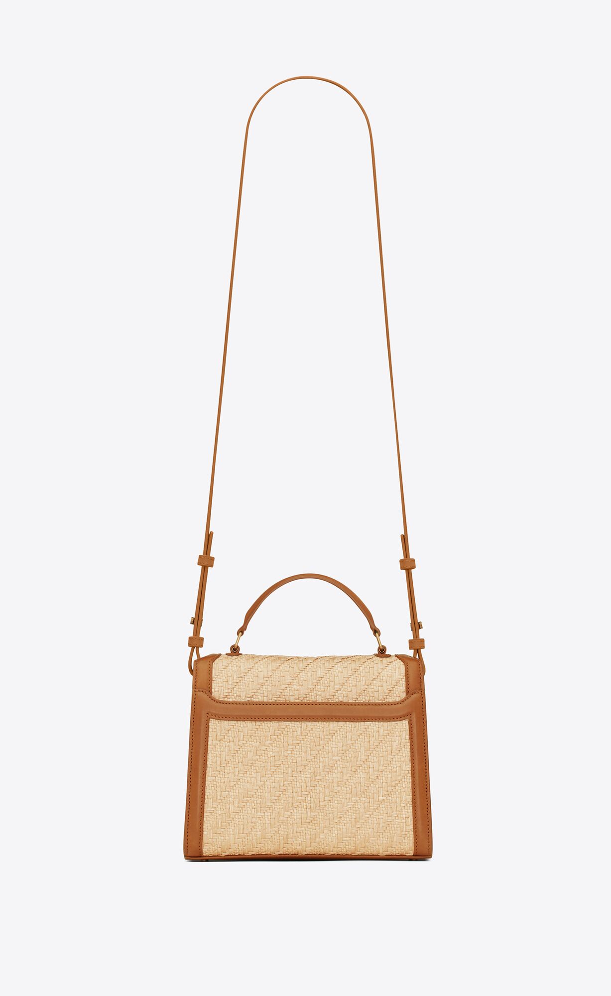 YSL Cassandra Mini Top Handle Bag In Raffia And Vegetable-tanned Leather Natural Sand And Brick | XZOCF3756