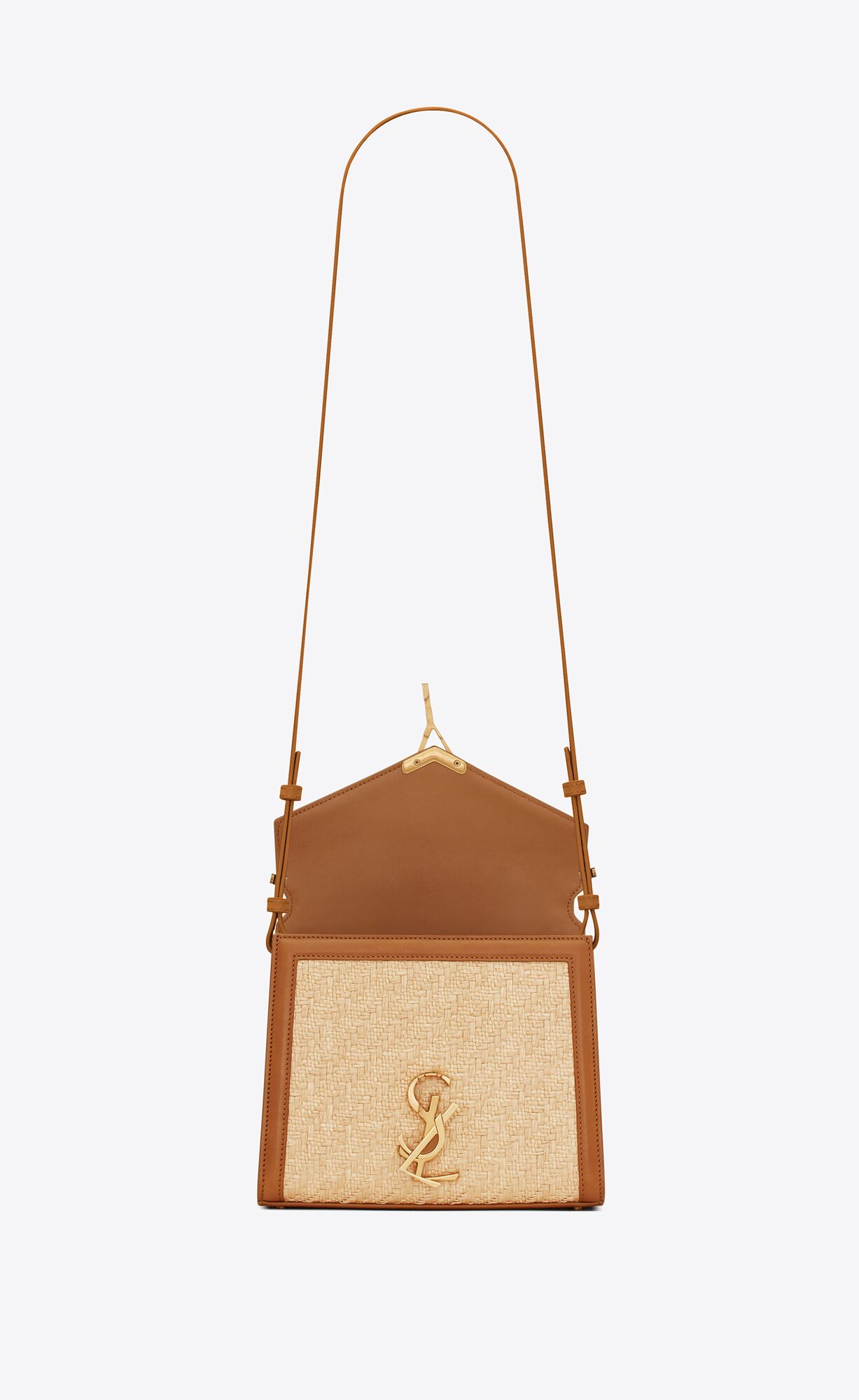 YSL Cassandra Mini Top Handle Bag In Raffia And Vegetable-tanned Leather Natural Sand And Brick | XZOCF3756