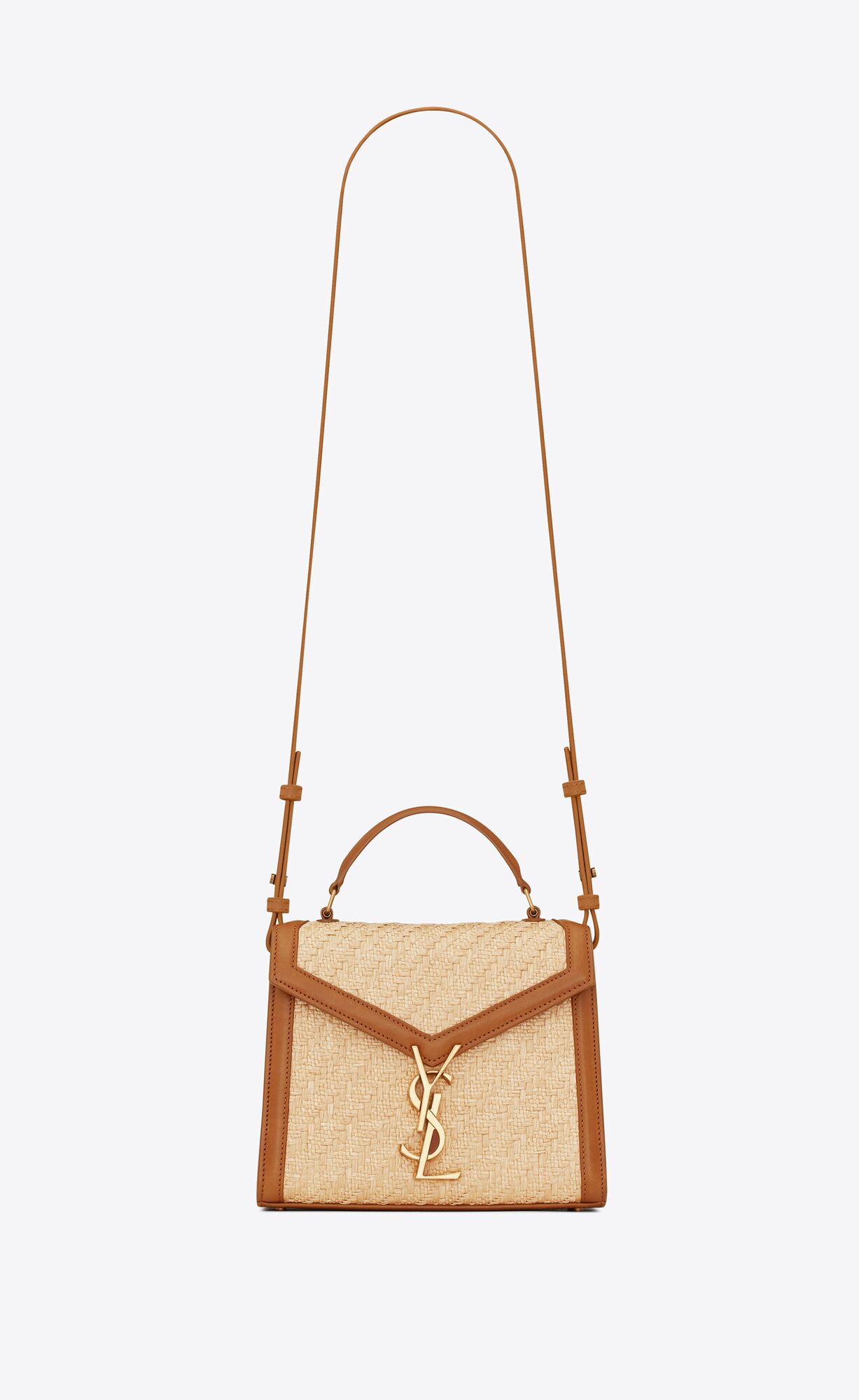 YSL Cassandra Mini Top Handle Bag In Raffia And Vegetable-tanned Leather Natural Sand And Brick | XZOCF3756