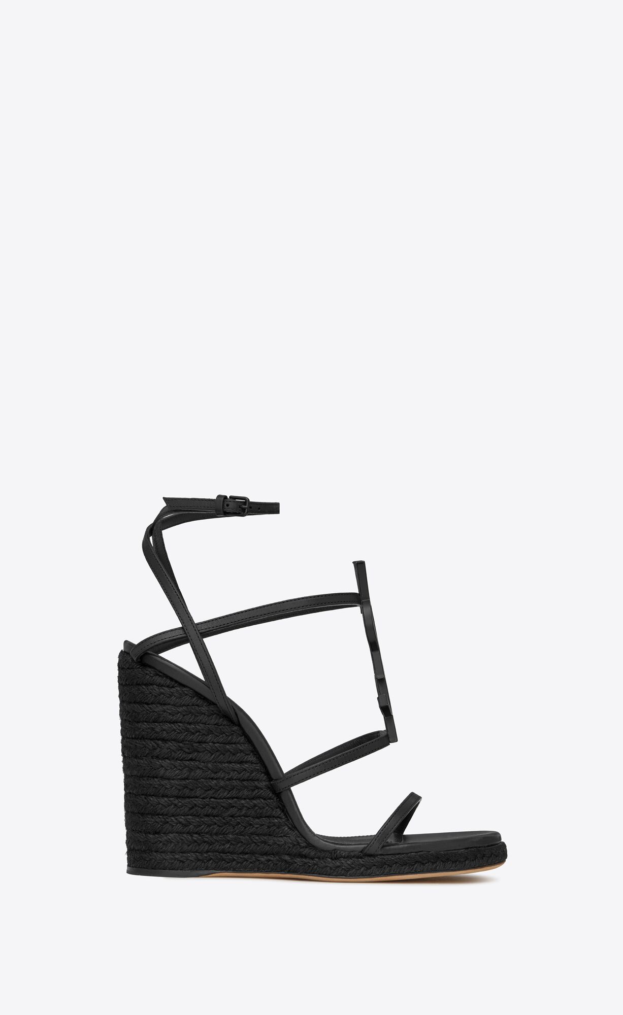 YSL Cassandra Wedge Espadrilles In Leather Black | FTJKI2594