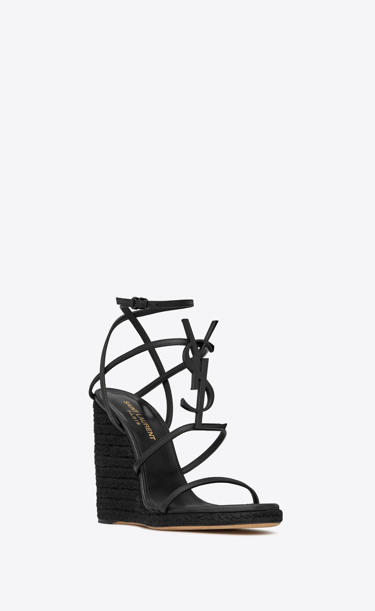 YSL Cassandra Wedge Espadrilles In Leather Black | FTJKI2594