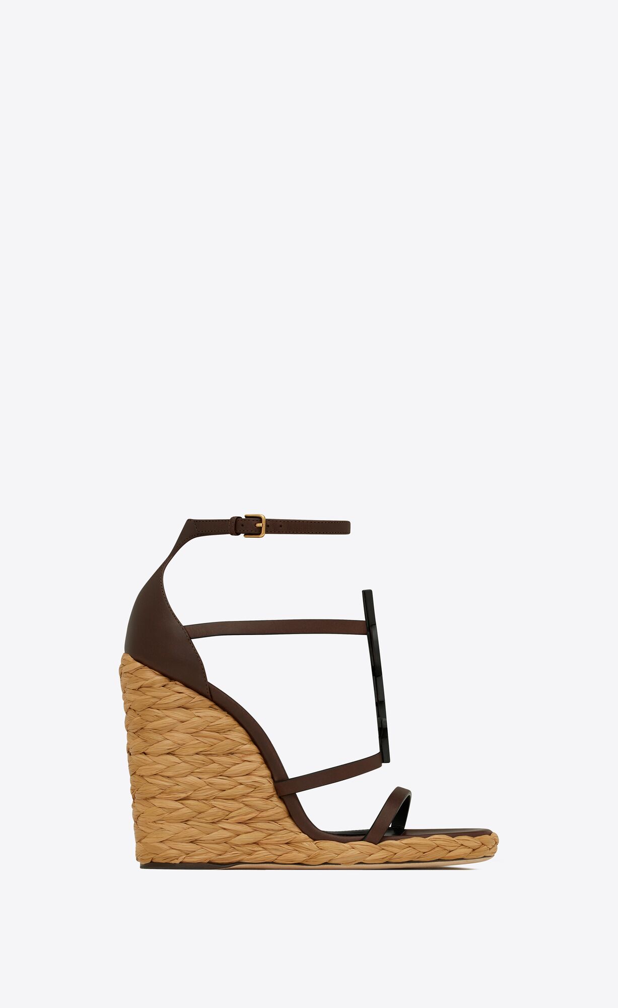 YSL Cassandra Wedge Espadrilles In Smooth Leather Dark Chocolate | AXOPY9457