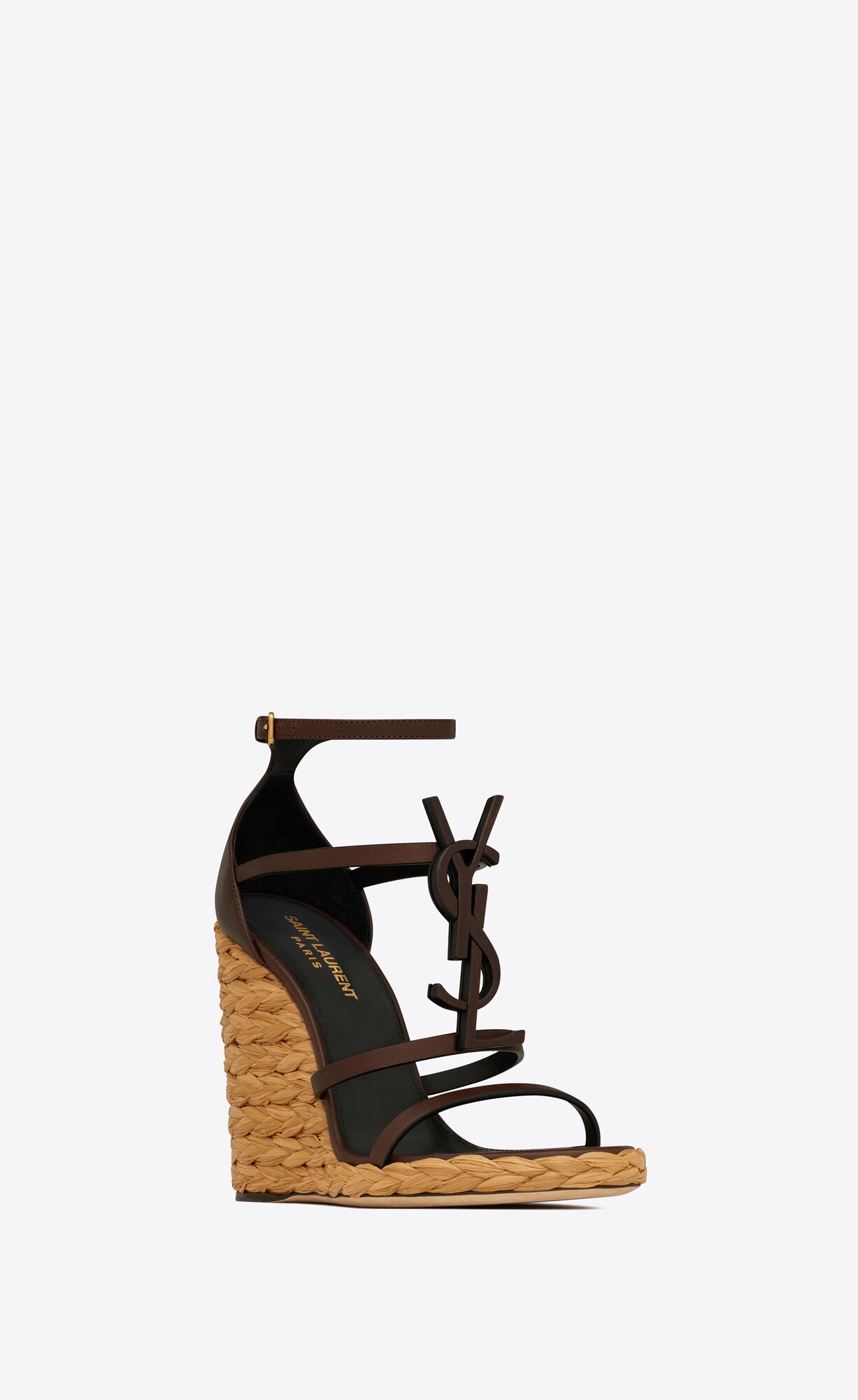 YSL Cassandra Wedge Espadrilles In Smooth Leather Dark Chocolate | AXOPY9457