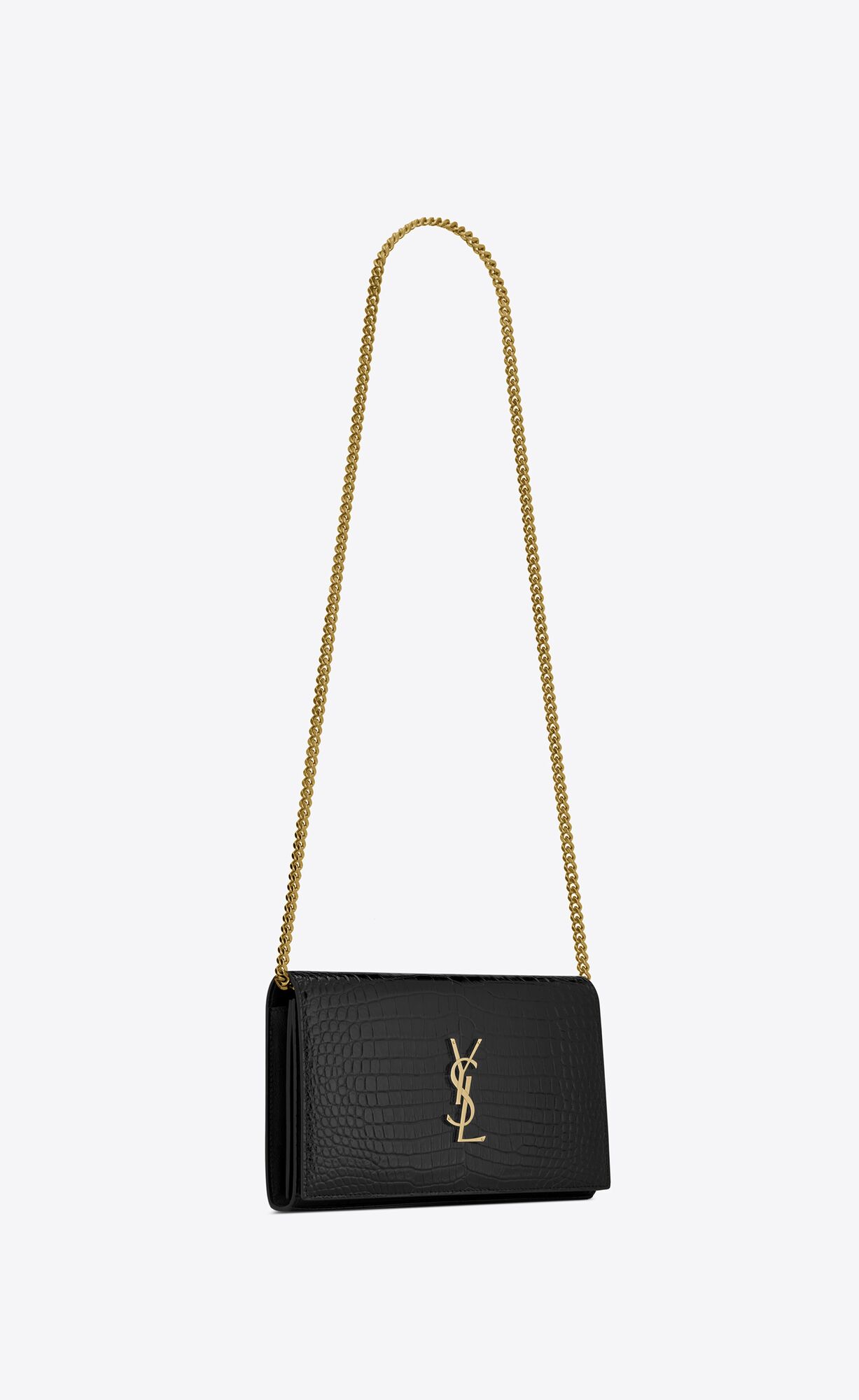 YSL Cassandre Chain Wallet In Crocodile-embossed Shiny Leather Black | HEQWA8054