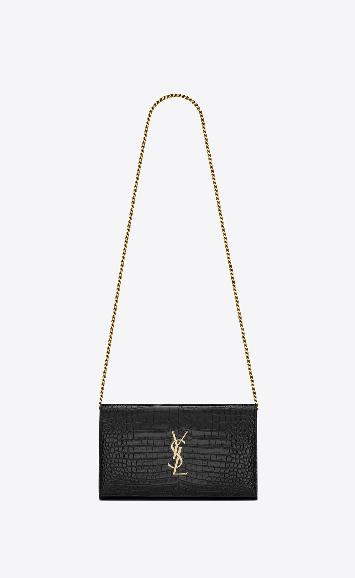 YSL Cassandre Chain Wallet In Crocodile-embossed Shiny Leather Black | HEQWA8054