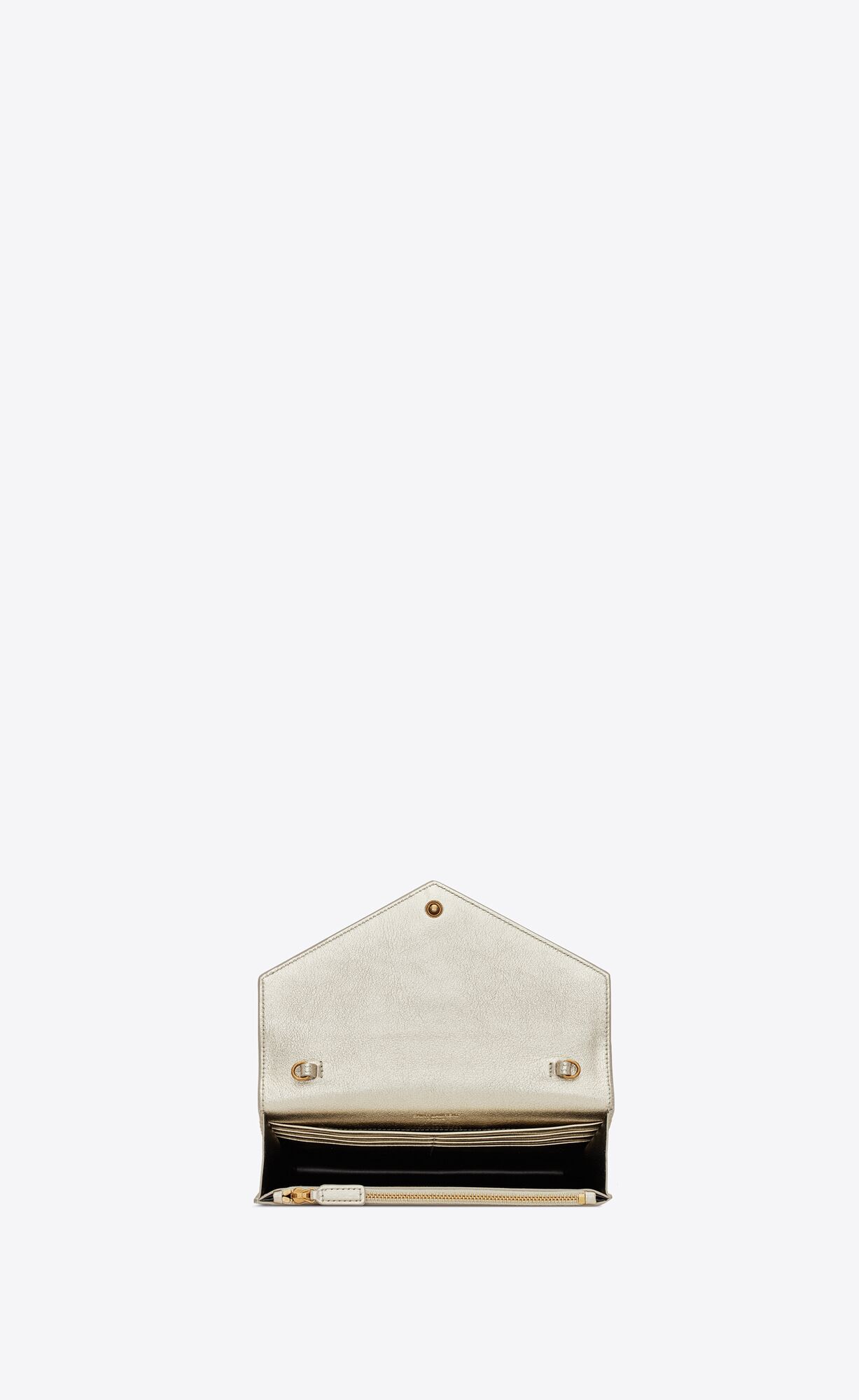 YSL Cassandre Envelope Chain Wallet In Metallized Leather Pale Gold | SVKXA8937