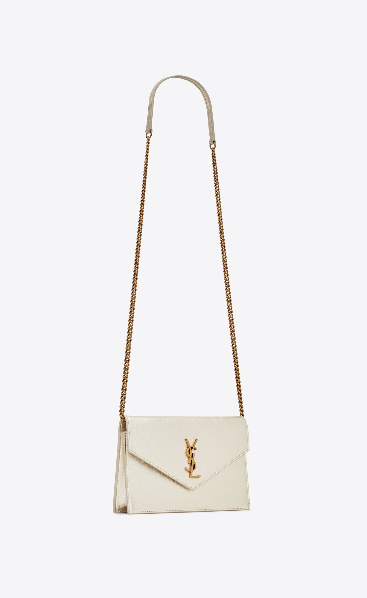 YSL Cassandre Envelope Chain Wallet In Metallized Leather Pale Gold | SVKXA8937