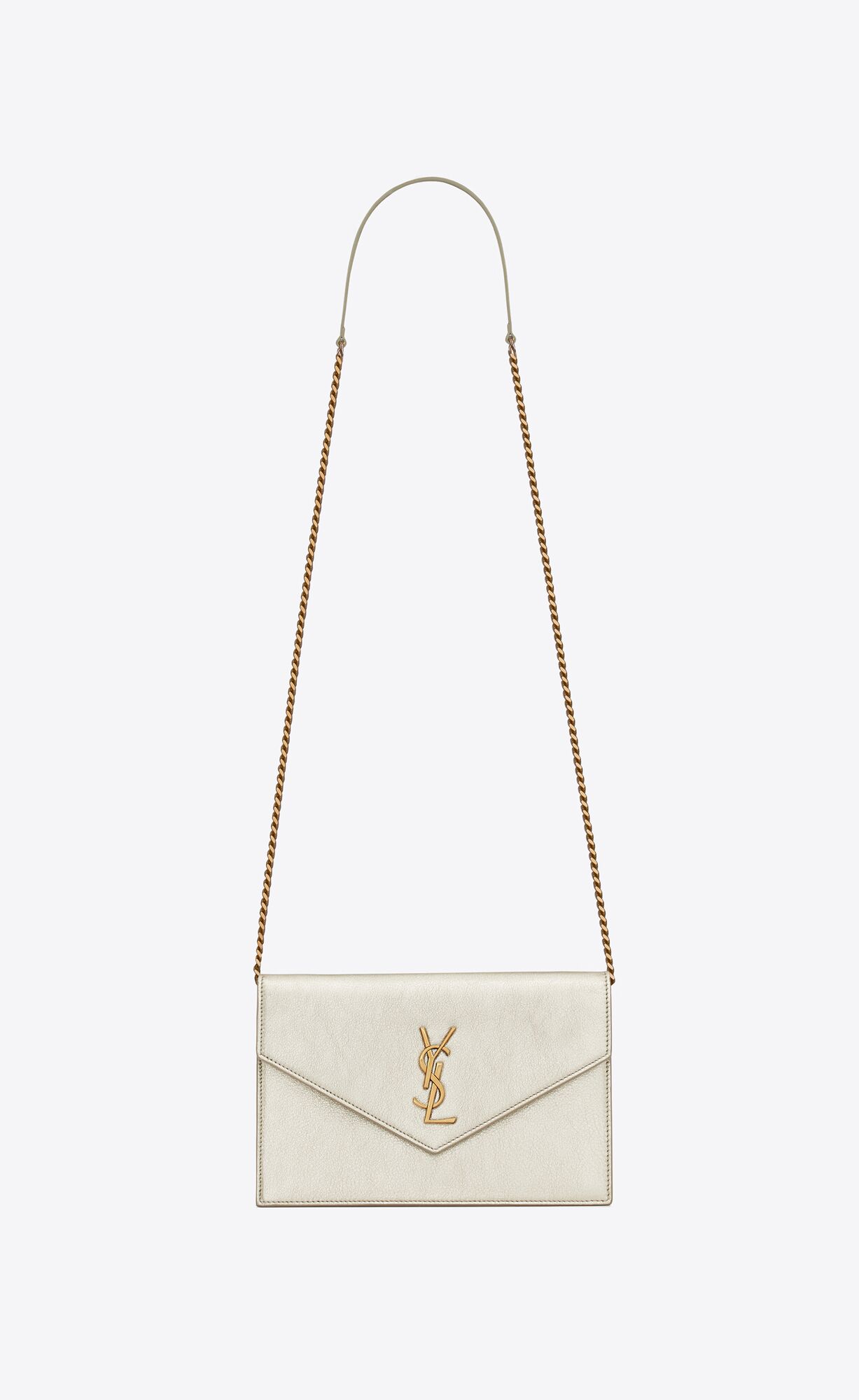 YSL Cassandre Envelope Chain Wallet In Metallized Leather Pale Gold | SVKXA8937