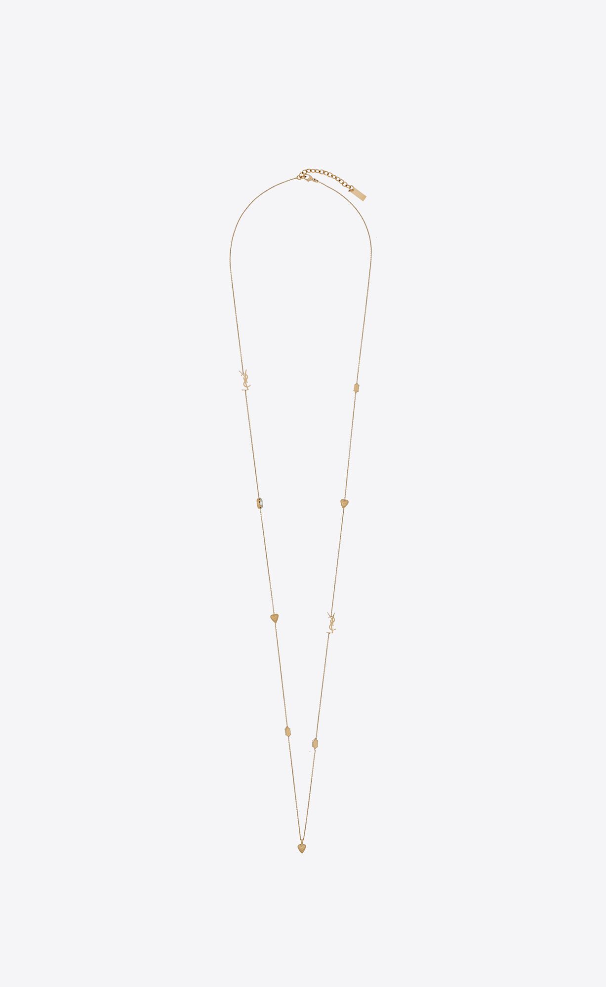 YSL Cassandre, Heart And Rhinestone Long Necklace In Metal Aged Brass Gold | BMQID4297