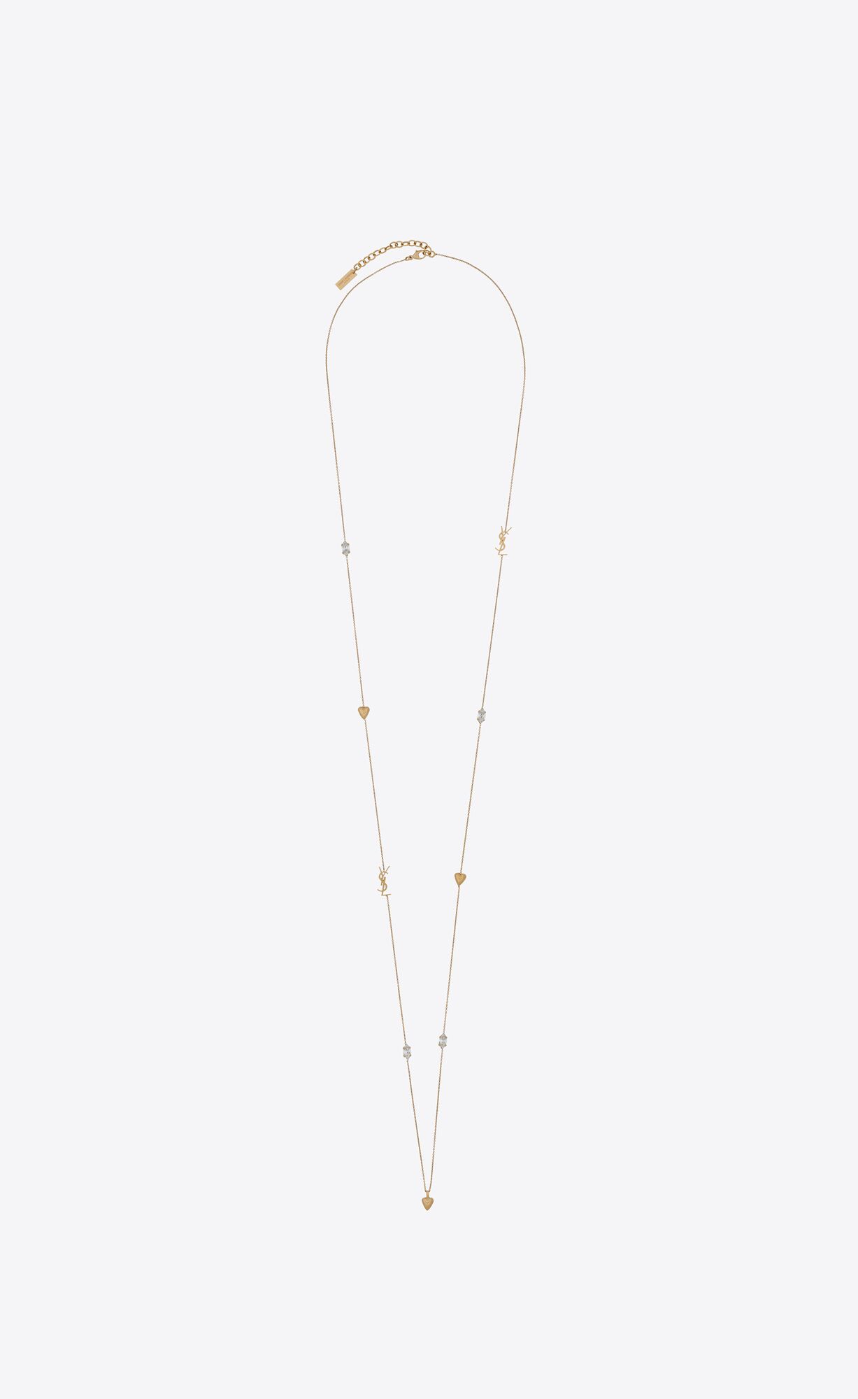 YSL Cassandre, Heart And Rhinestone Long Necklace In Metal Aged Brass Gold | BMQID4297