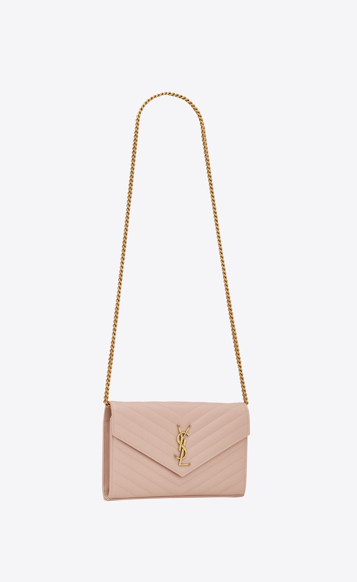 YSL Cassandre Matelassé Chain Wallet In Grain De Poudre Embossed Leather Pale Pink | DLVPR4193