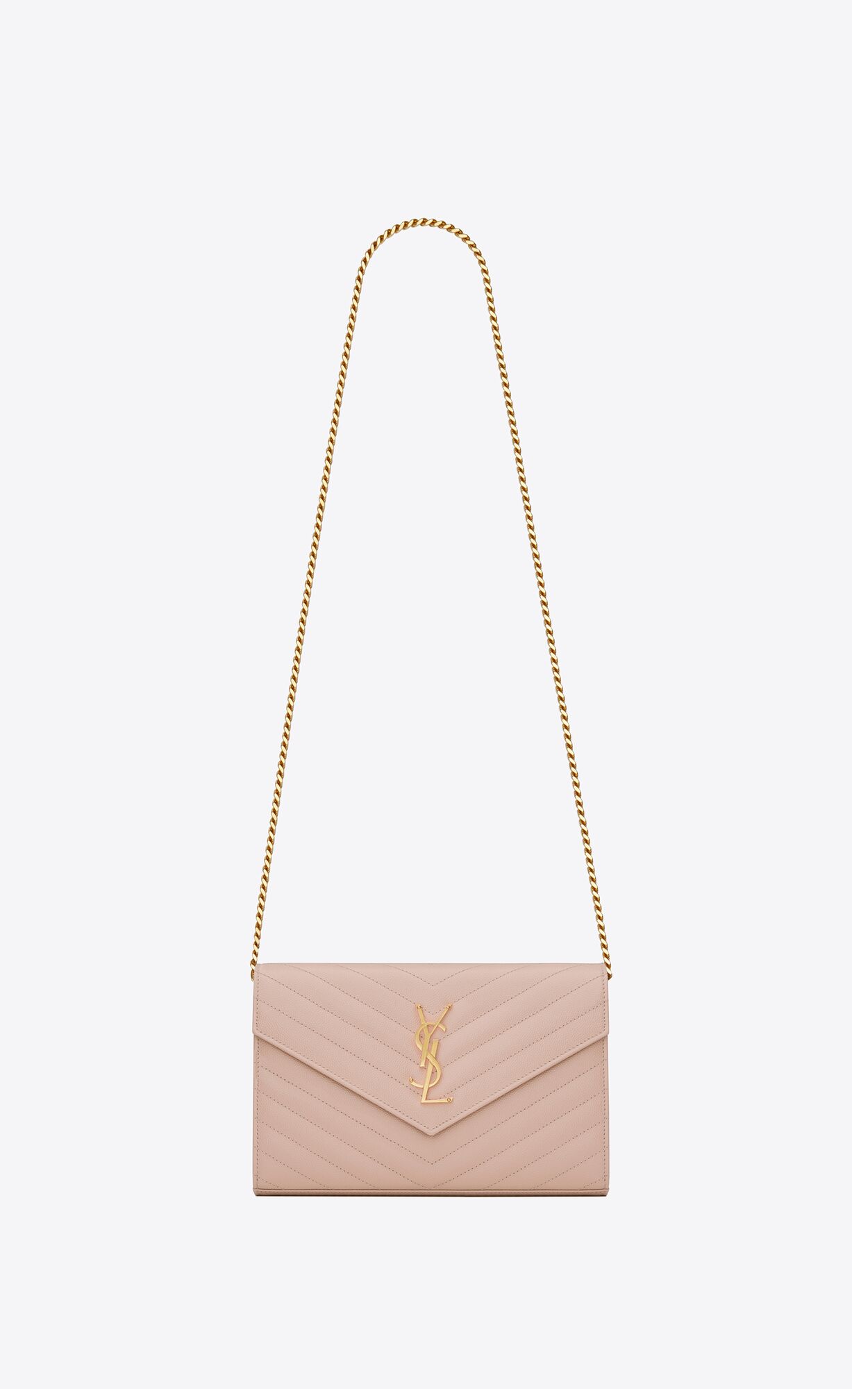 YSL Cassandre Matelassé Chain Wallet In Grain De Poudre Embossed Leather Pale Pink | DLVPR4193