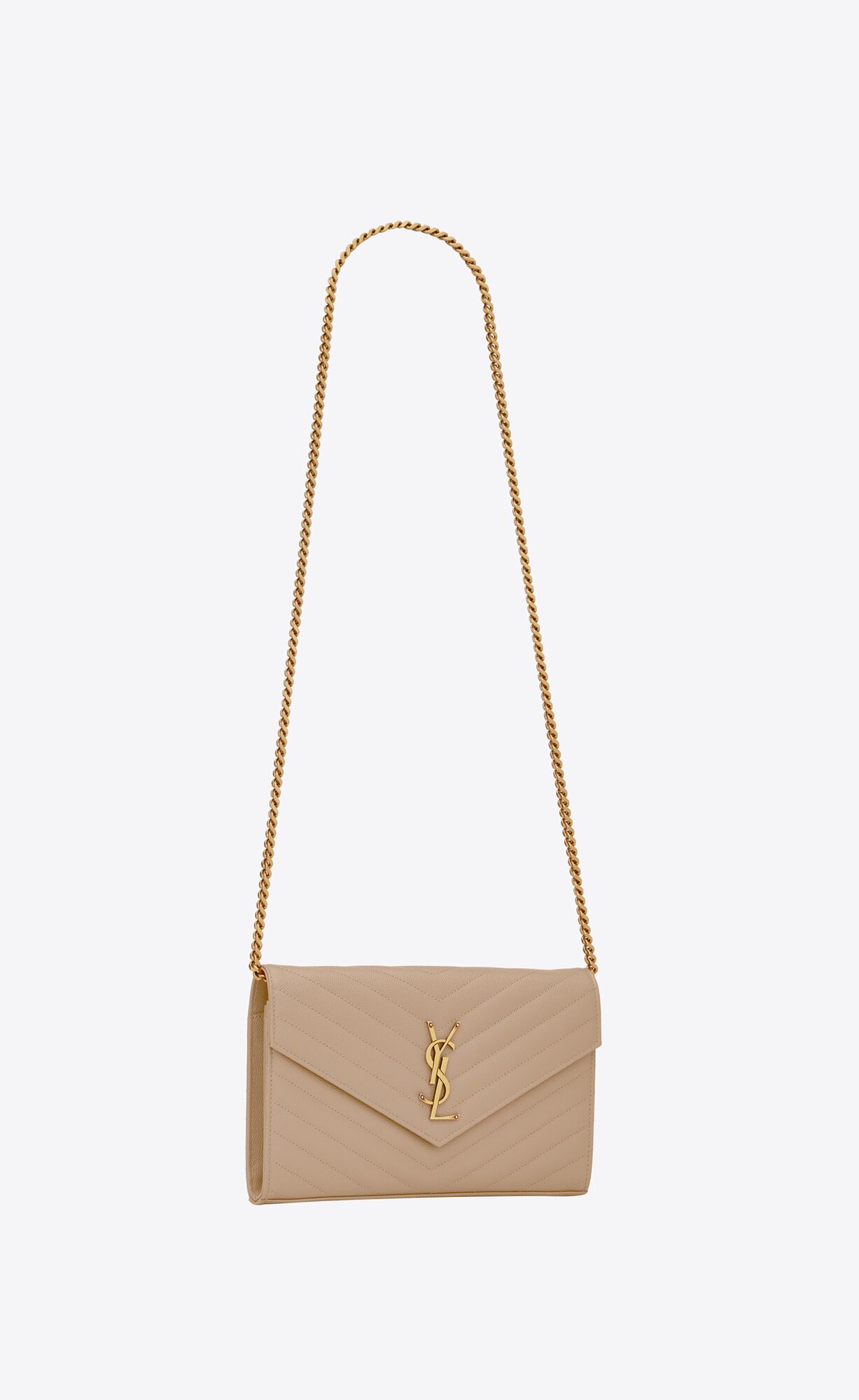 YSL Cassandre Matelassé Chain Wallet In Grain De Poudre Embossed Leather Dark Beige | OBGFU8013