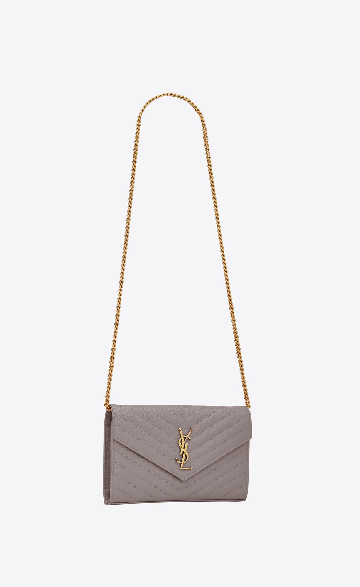 YSL Cassandre Matelassé Chain Wallet In Grain De Poudre Embossed Leather Fog | RLDOC5903