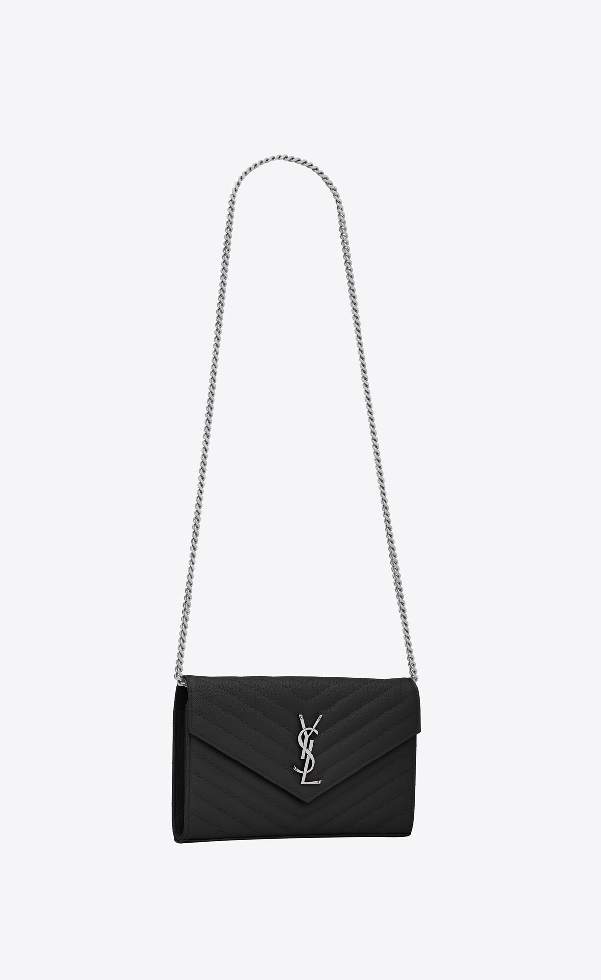 YSL Cassandre Matelassé Chain Wallet In Grain De Poudre Embossed Leather Black | TAPUV6270