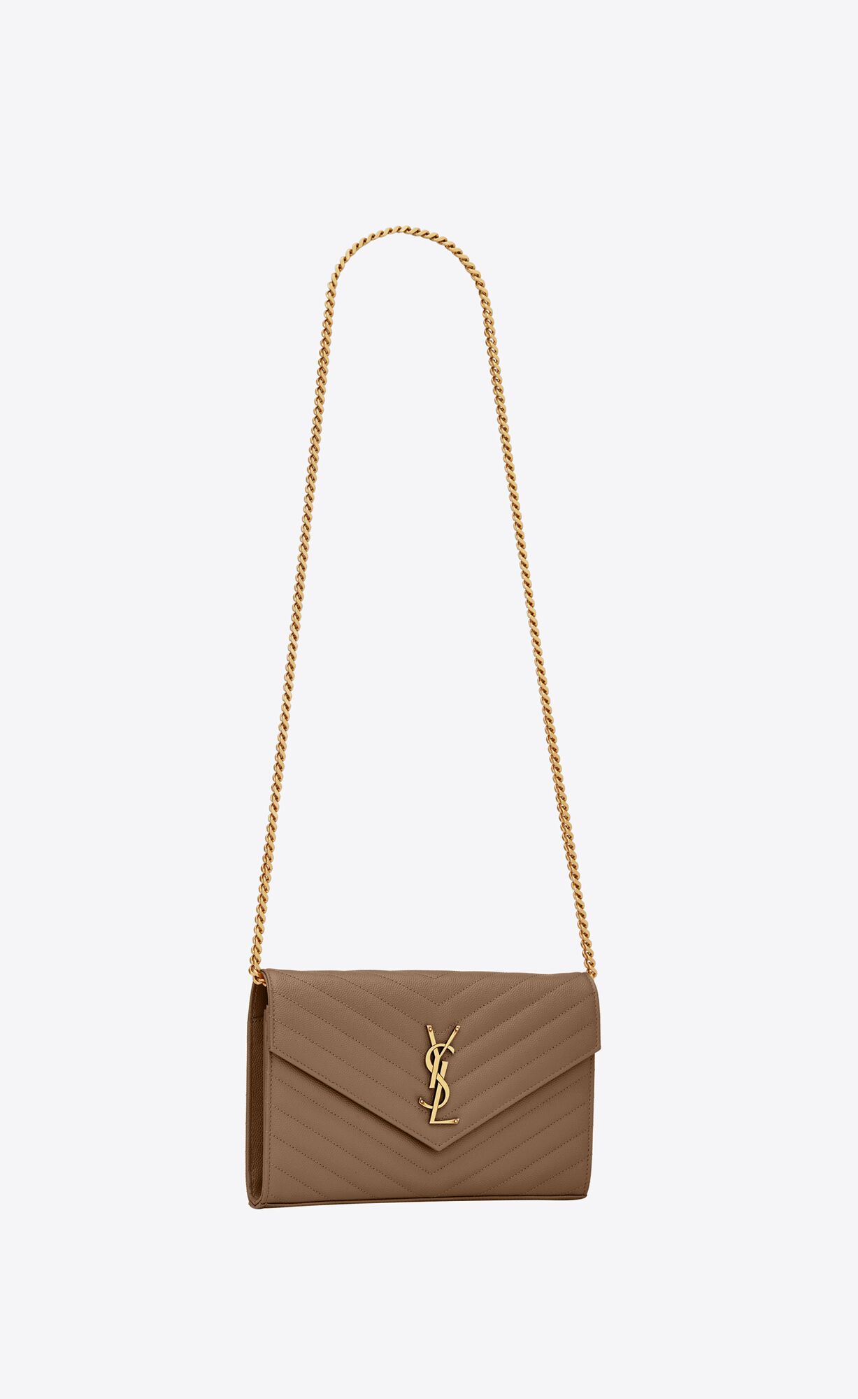 YSL Cassandre Matelassé Chain Wallet In Grain De Poudre Embossed Leather Taupe | ZOFXB8491