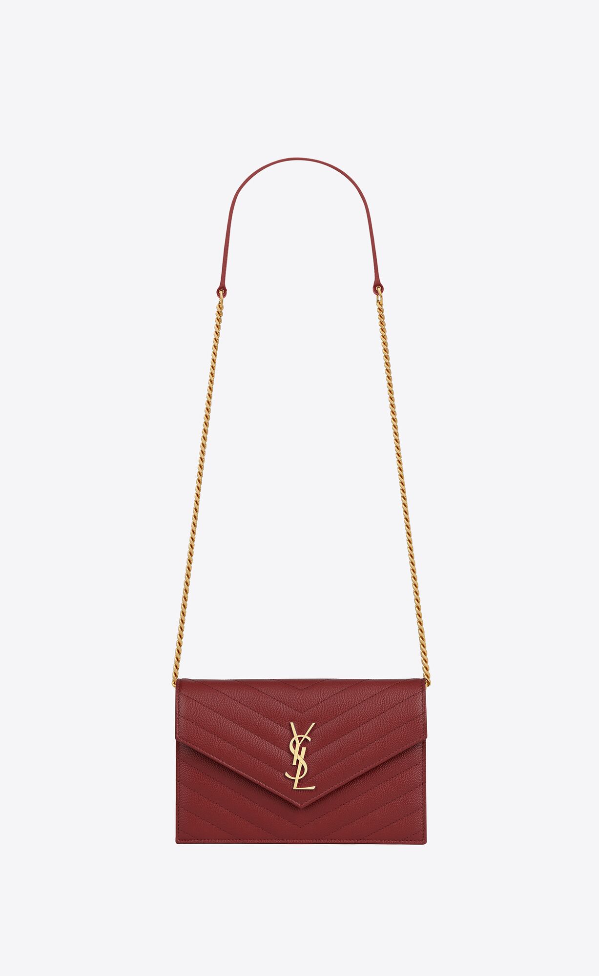 YSL Cassandre Matelassé Envelope Chain Wallet In Grain De Poudre Embossed Leather Opyum Red | EFZQW5617