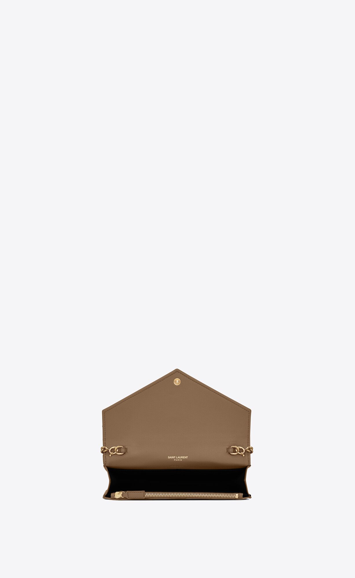 YSL Cassandre Matelassé Envelope Chain Wallet In Grain De Poudre Embossed Leather Taupe | GTIOA7835