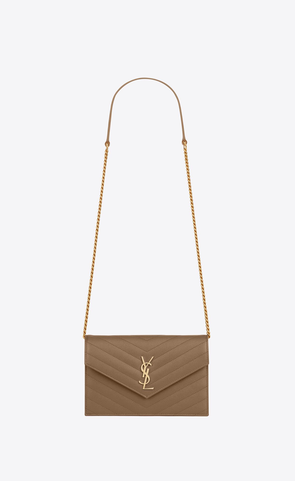 YSL Cassandre Matelassé Envelope Chain Wallet In Grain De Poudre Embossed Leather Taupe | GTIOA7835