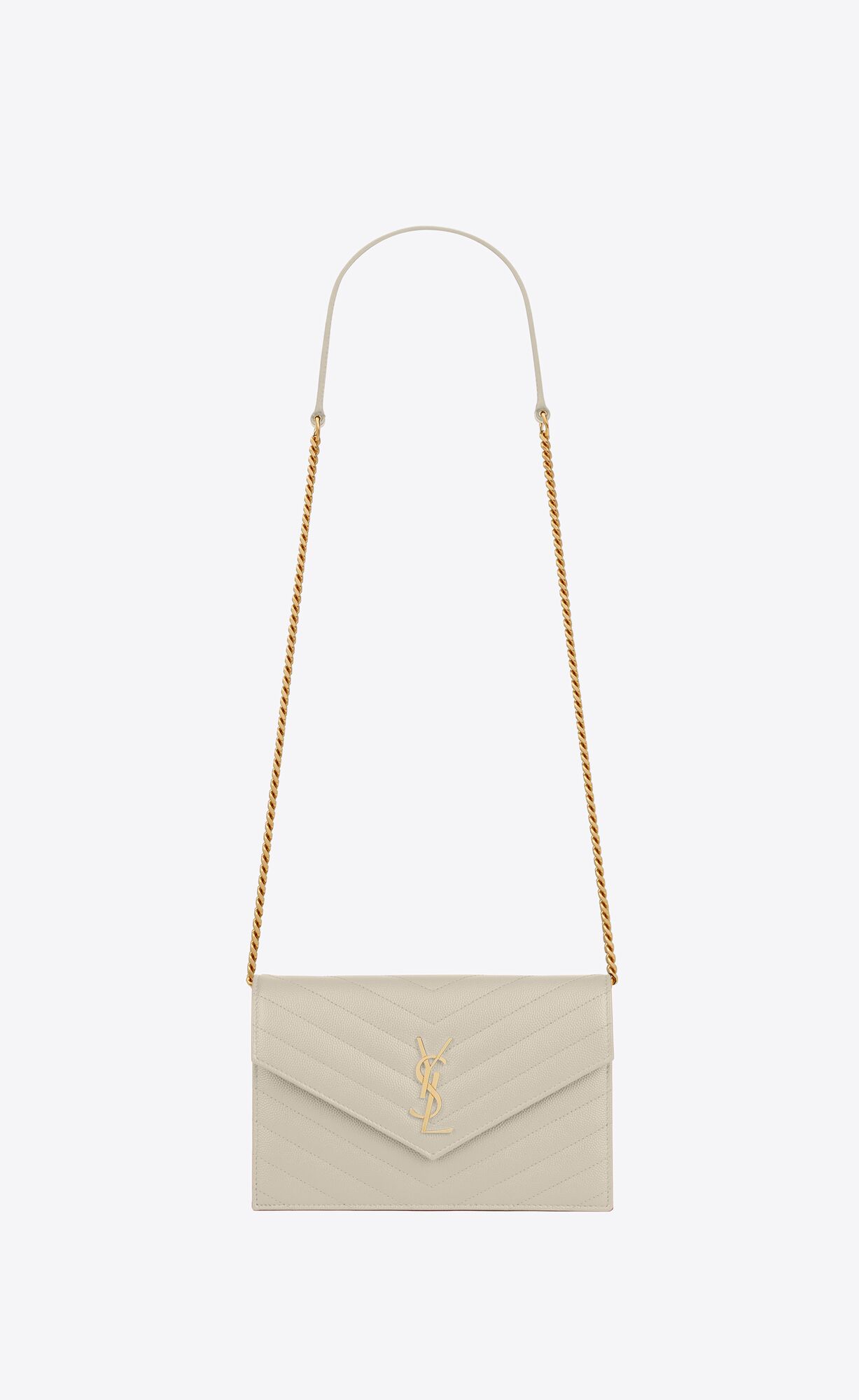 YSL Cassandre Matelassé Envelope Chain Wallet In Grain De Poudre Embossed Leather Crema Soft | GVTRN0892