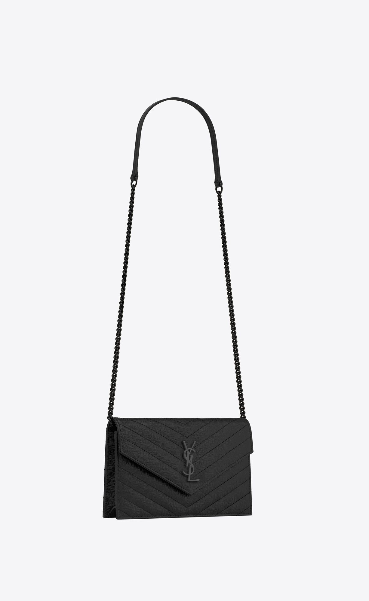 YSL Cassandre Matelassé Envelope Chain Wallet In Grain De Poudre Embossed Leather Noir | NCLRH8647