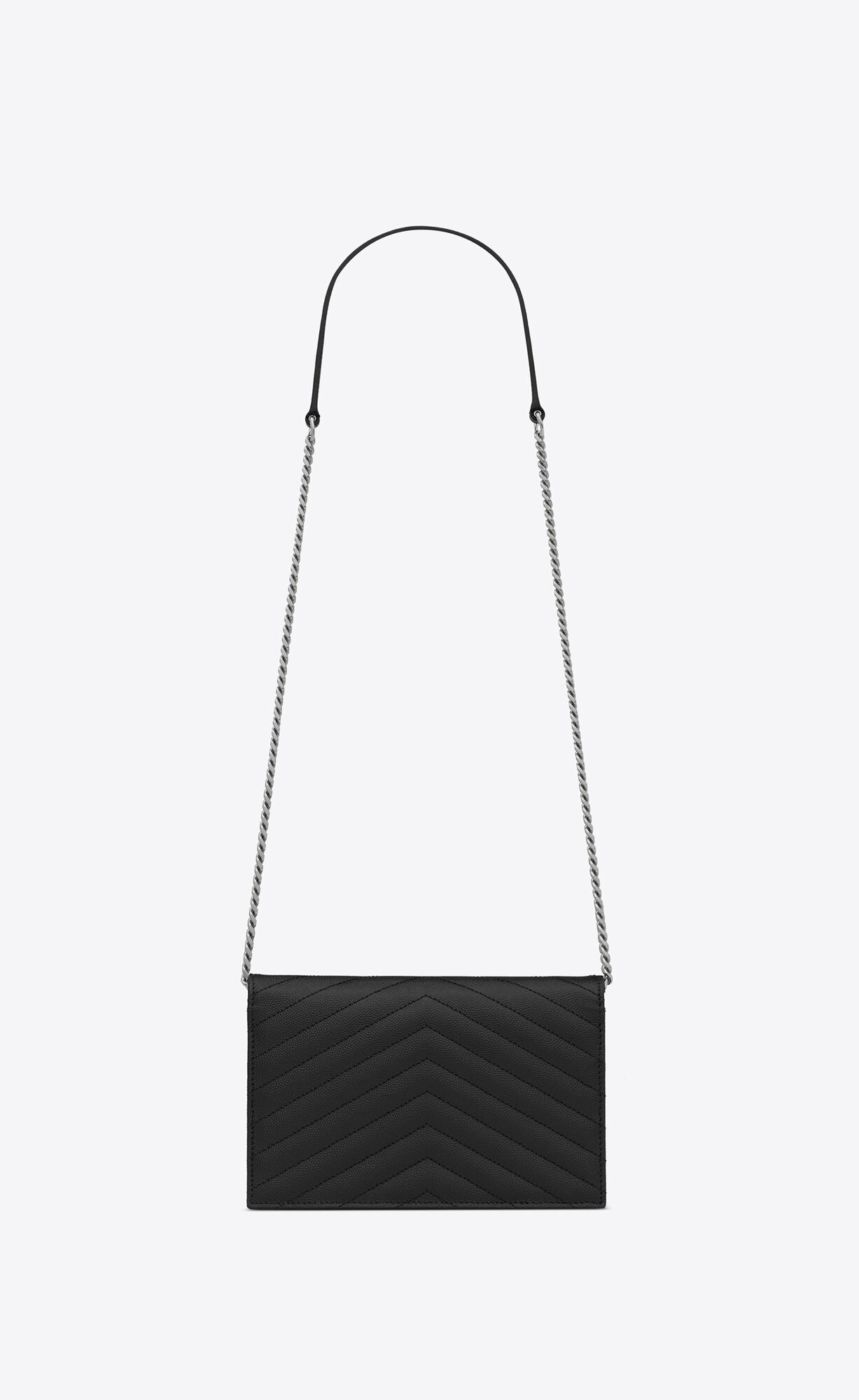 YSL Cassandre Matelassé Envelope Chain Wallet In Grain De Poudre Embossed Leather Noir | OXZGI4697