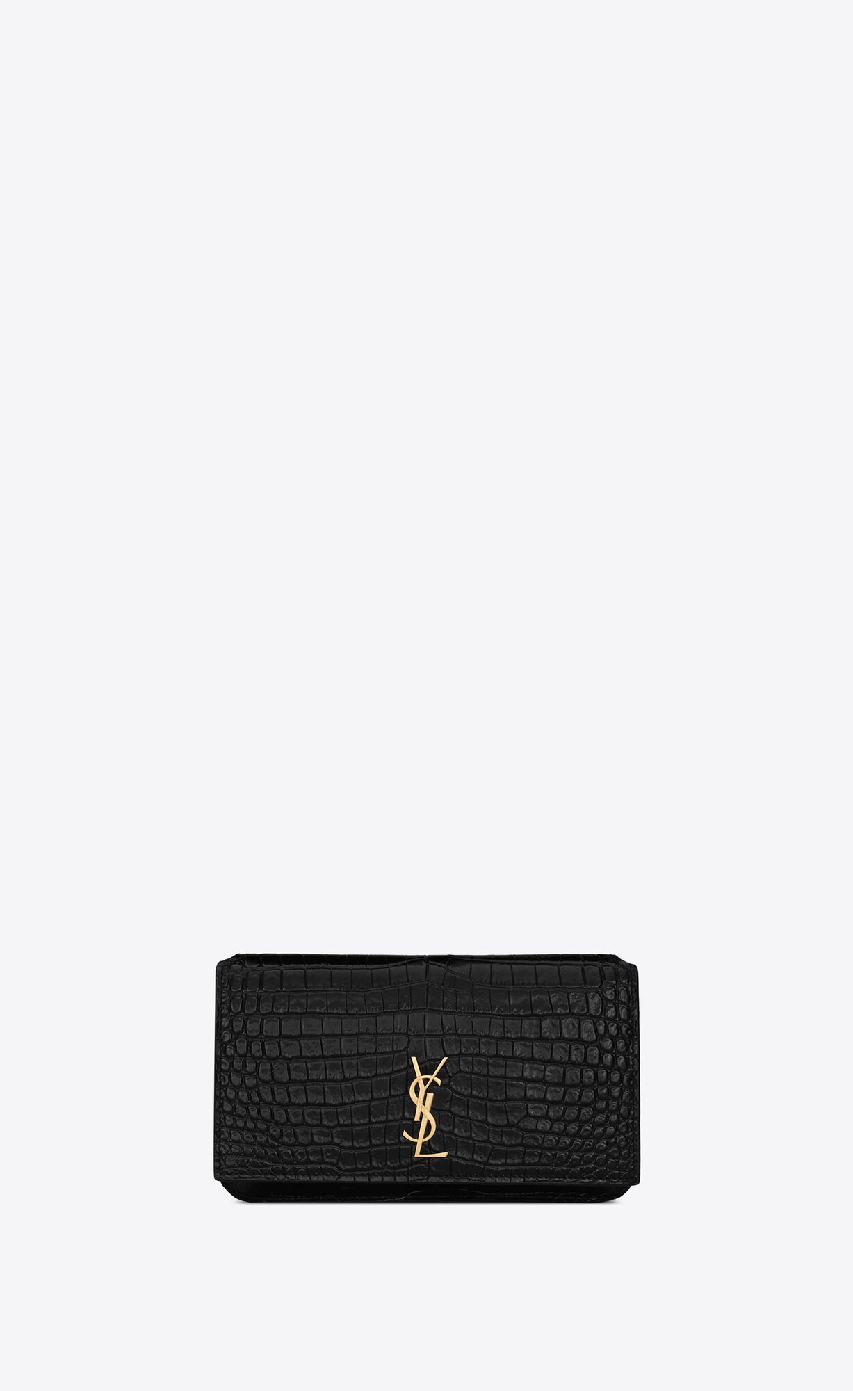 YSL Cassandre Phone Holder With Strap In Shiny Crocodile-embossed Leather Black | GOJXU2374