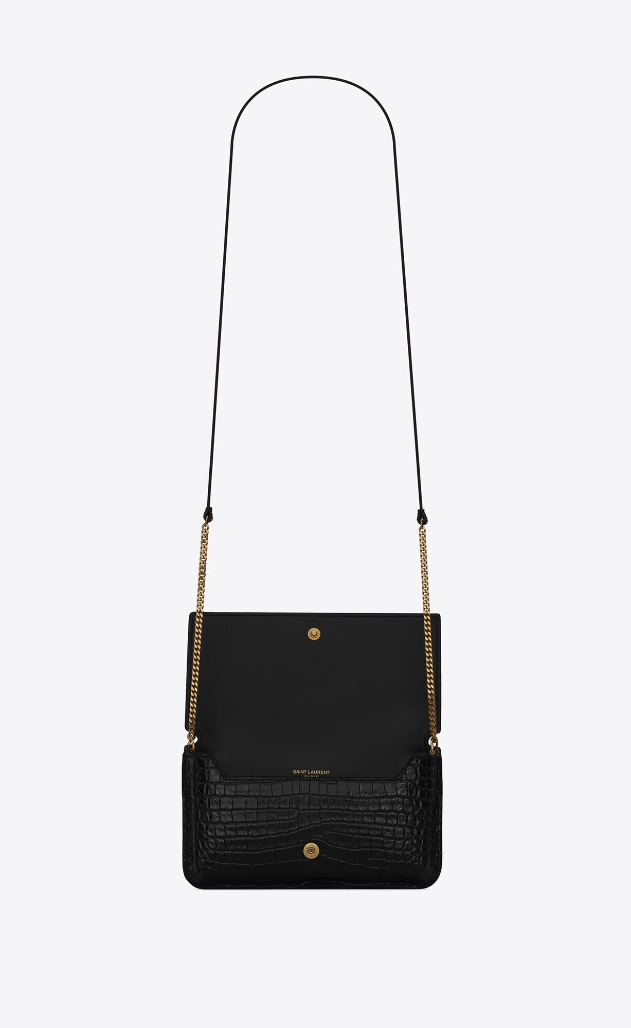 YSL Cassandre Phone Holder With Strap In Shiny Crocodile-embossed Leather Black | GOJXU2374