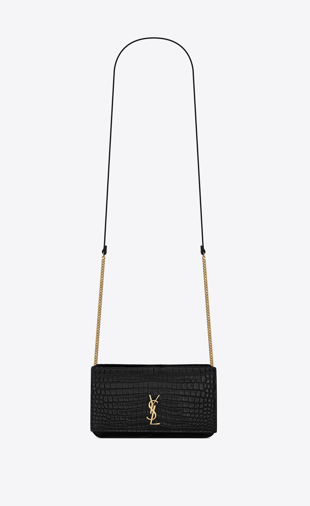 YSL Cassandre Phone Holder With Strap In Shiny Crocodile-embossed Leather Black | GOJXU2374