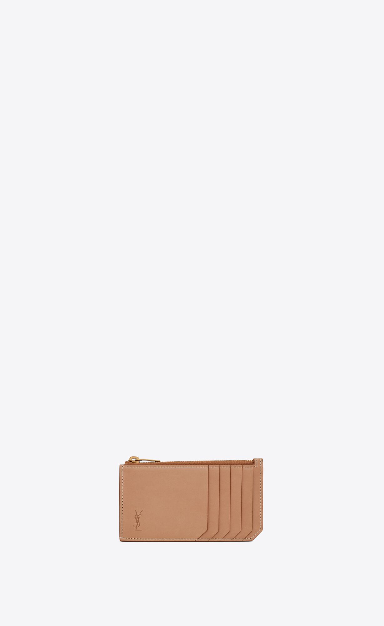 YSL Cassandre Shadow Saint Laurent Fragments Zipped Card Case In Smooth Leather Brown Gold | KVMUH4786