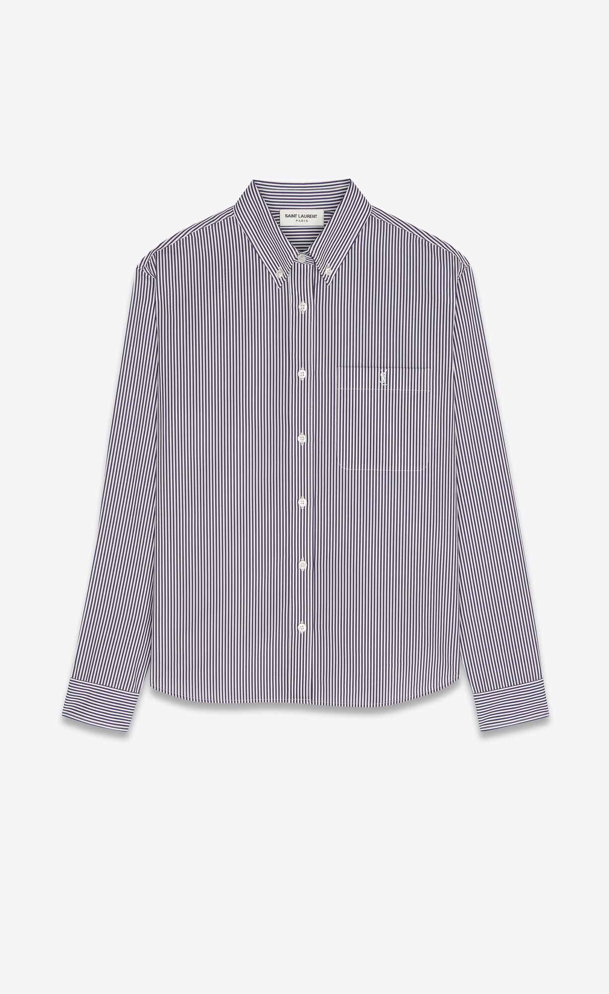 YSL Cassandre Shirt In Striped Cotton Poplin Blanc Et Encre | BUDMR9480