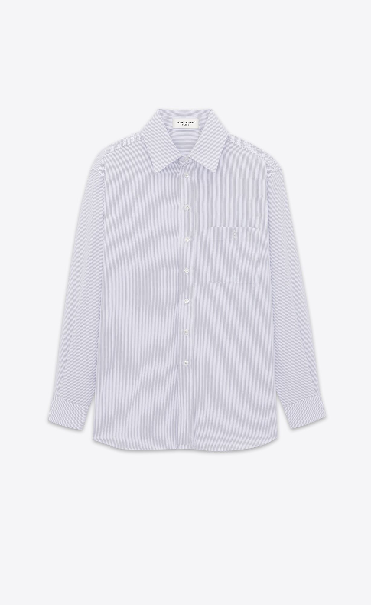 YSL Cassandre Shirt In Striped Cotton Poplin Blanc Bleu | RTIOJ5862