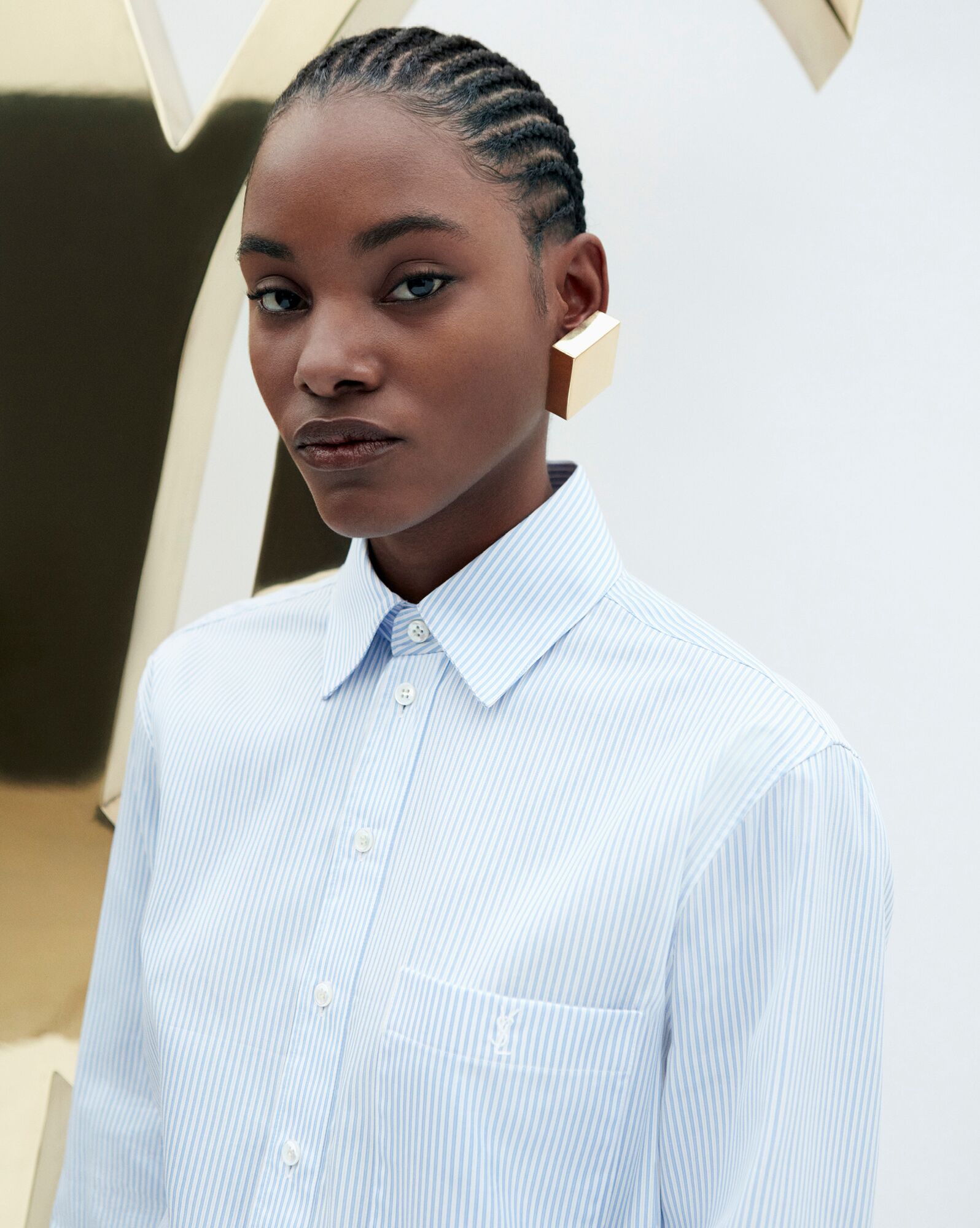 YSL Cassandre Shirt In Striped Cotton Poplin Blanc Ciel | SZKBT5917