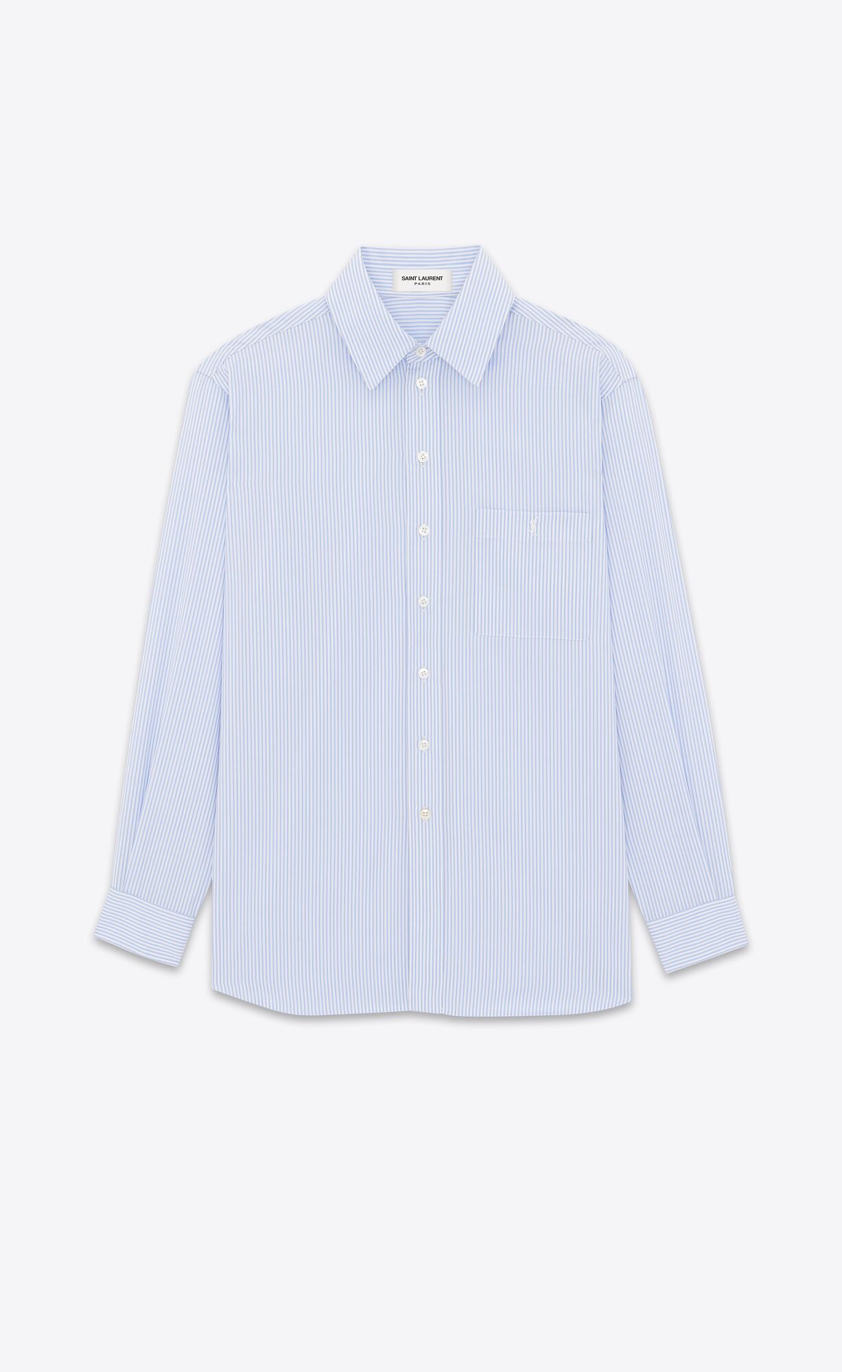 YSL Cassandre Shirt In Striped Cotton Poplin Blanc Ciel | SZKBT5917