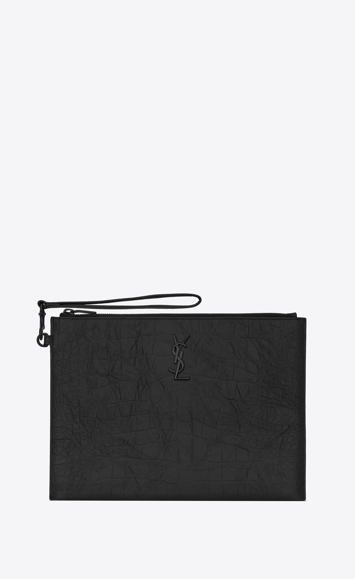 YSL Cassandre Zipped Tablet Holder In Crocodile-embossed Leather Noir | JZHAU5486