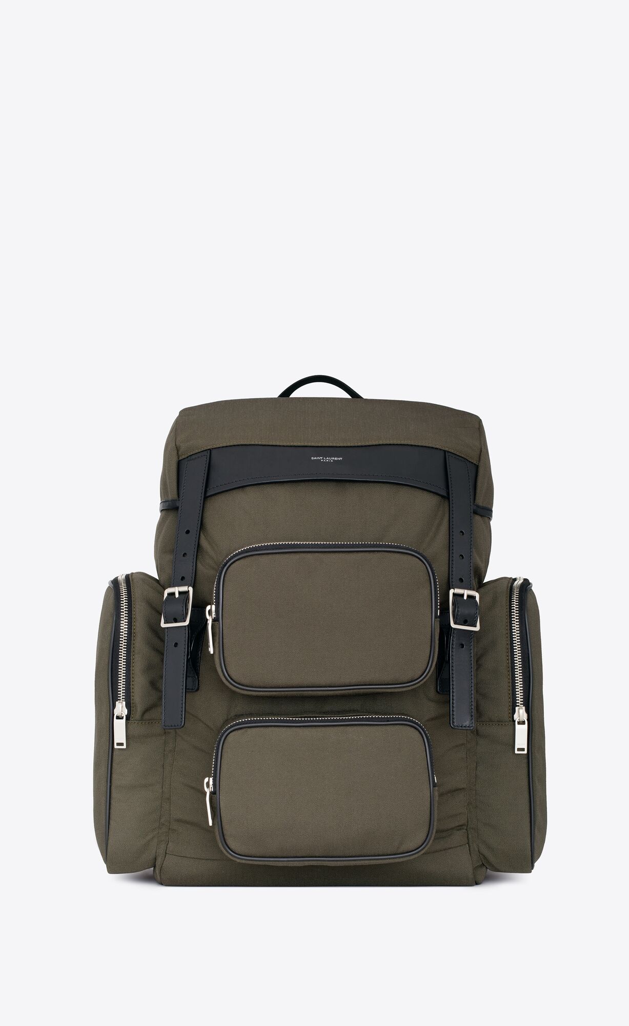 YSL City Multipocket Backpack In Canvas, Smooth Leather And Nylon Khaki | OJXYA3846