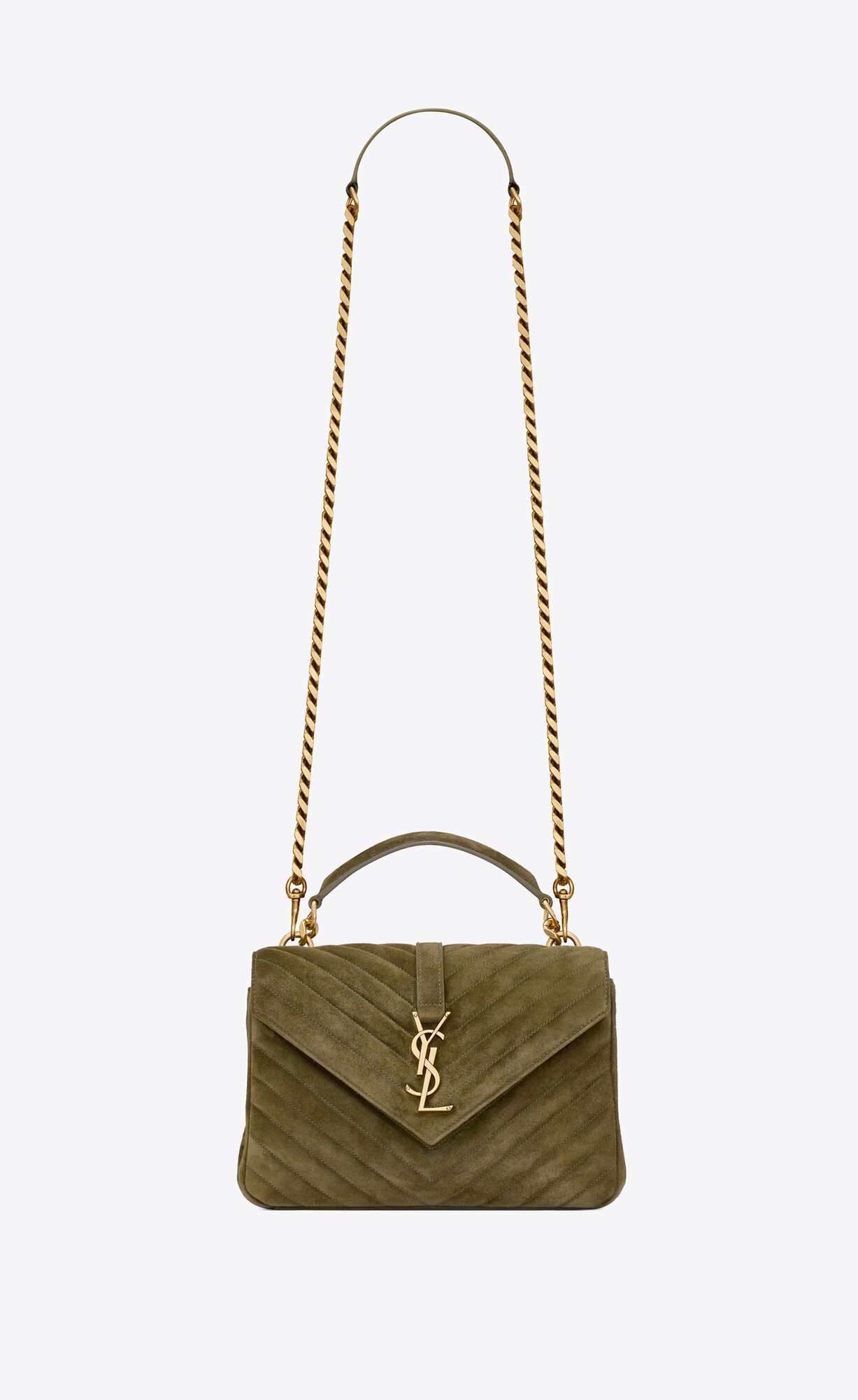 YSL College Medium In Quilted Suede Loden Green | POYEQ4367