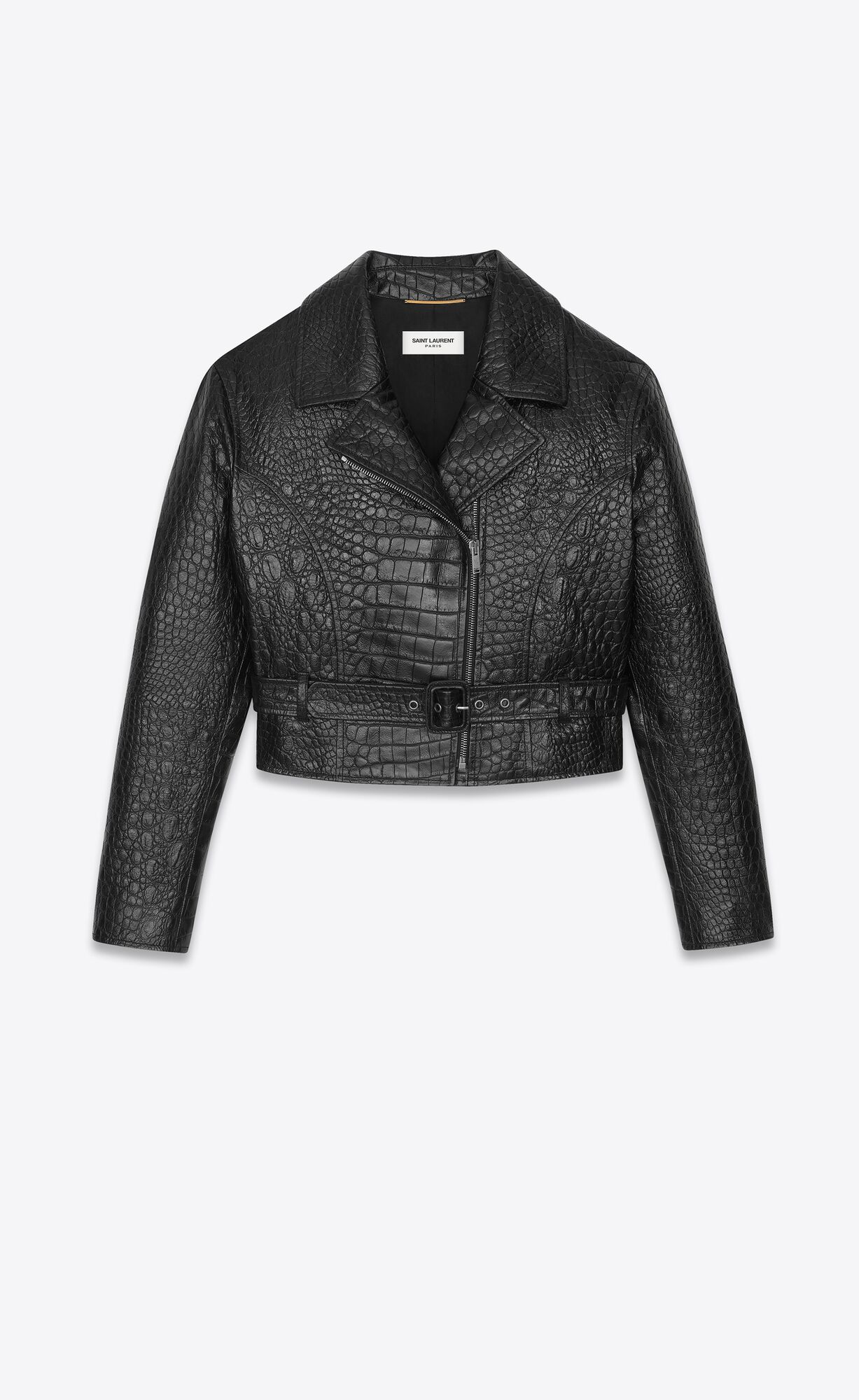 YSL Cropped Jacket In Crocodile-embossed Leather Black | DGMAZ9506