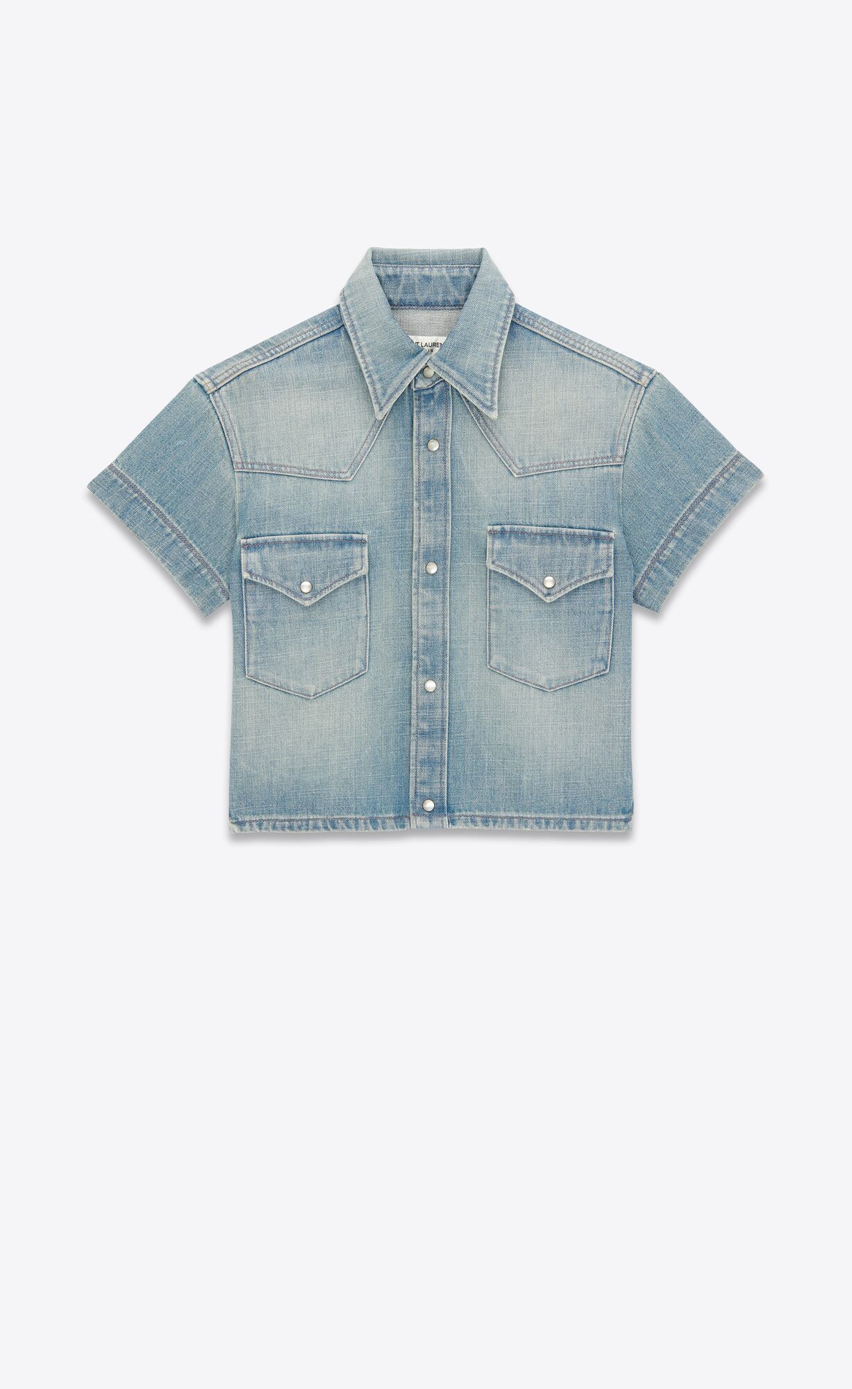 YSL Cropped Shirt In Blue Twill Denim Light Japanese Lake Blue | XHNPE3790