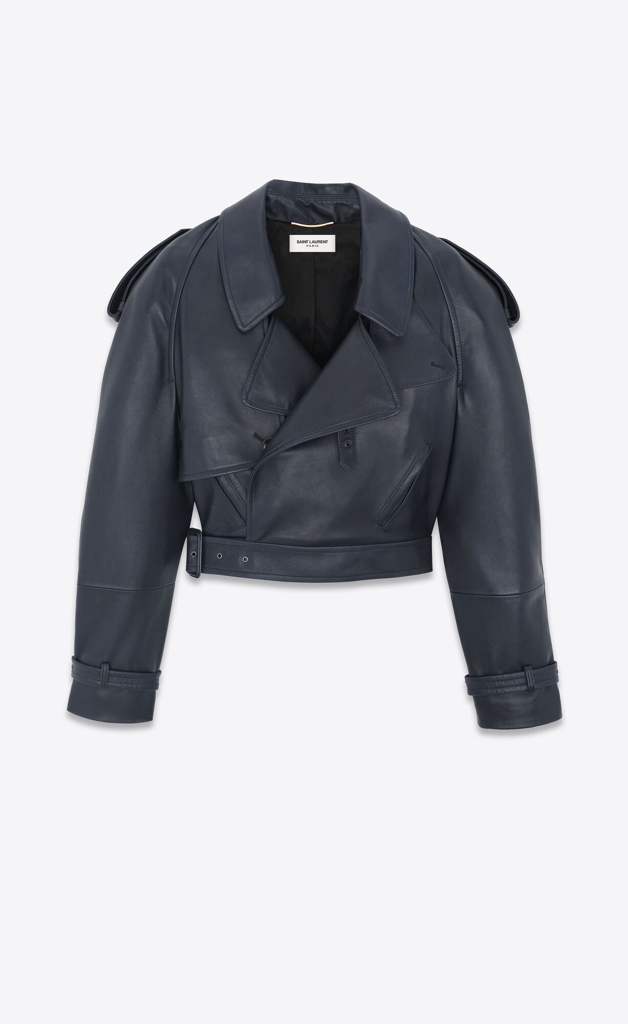 YSL Cropped Trench In Shiny Lambskin Bleu Fonce | HTXZG2597