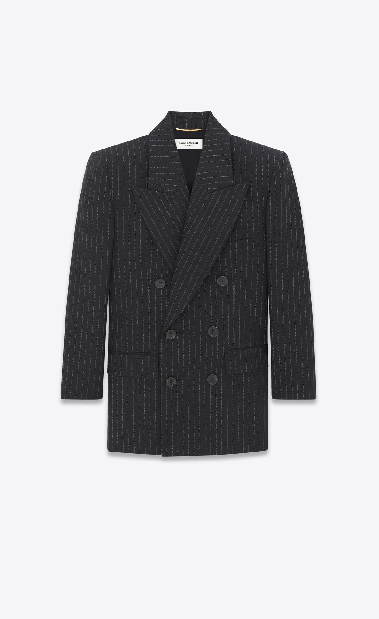 YSL Double-breasted Jacket In Rive Gauche Striped Flannel Noir Blanc | EAYPC5807