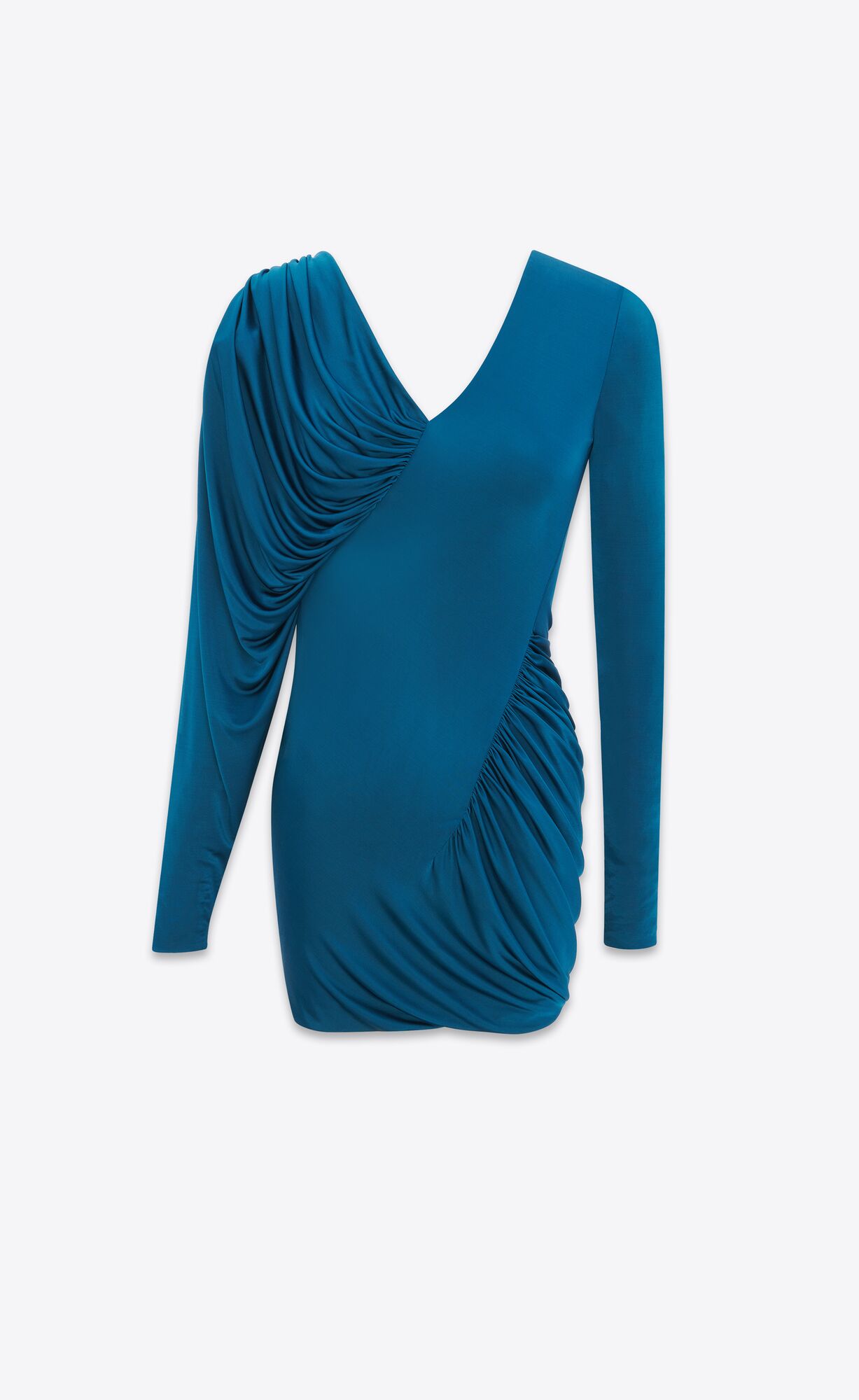 YSL Draped Dress In Shiny Jersey Bleu Canard | MPZVG7042