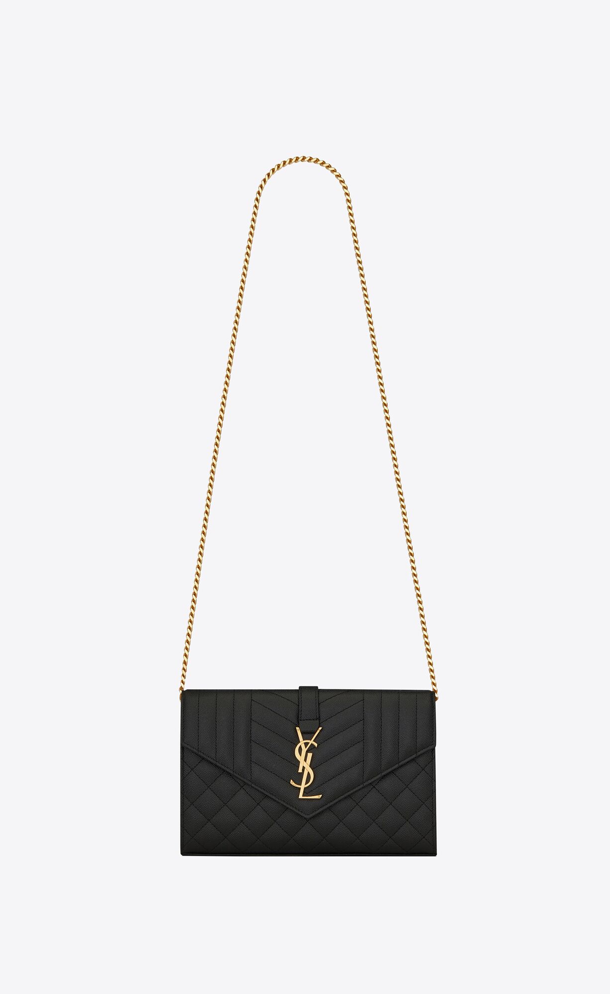 YSL Envelope Chain Wallet In Mix Matelassé Grain De Poudre Embossed Leather Black | VNBXM7523