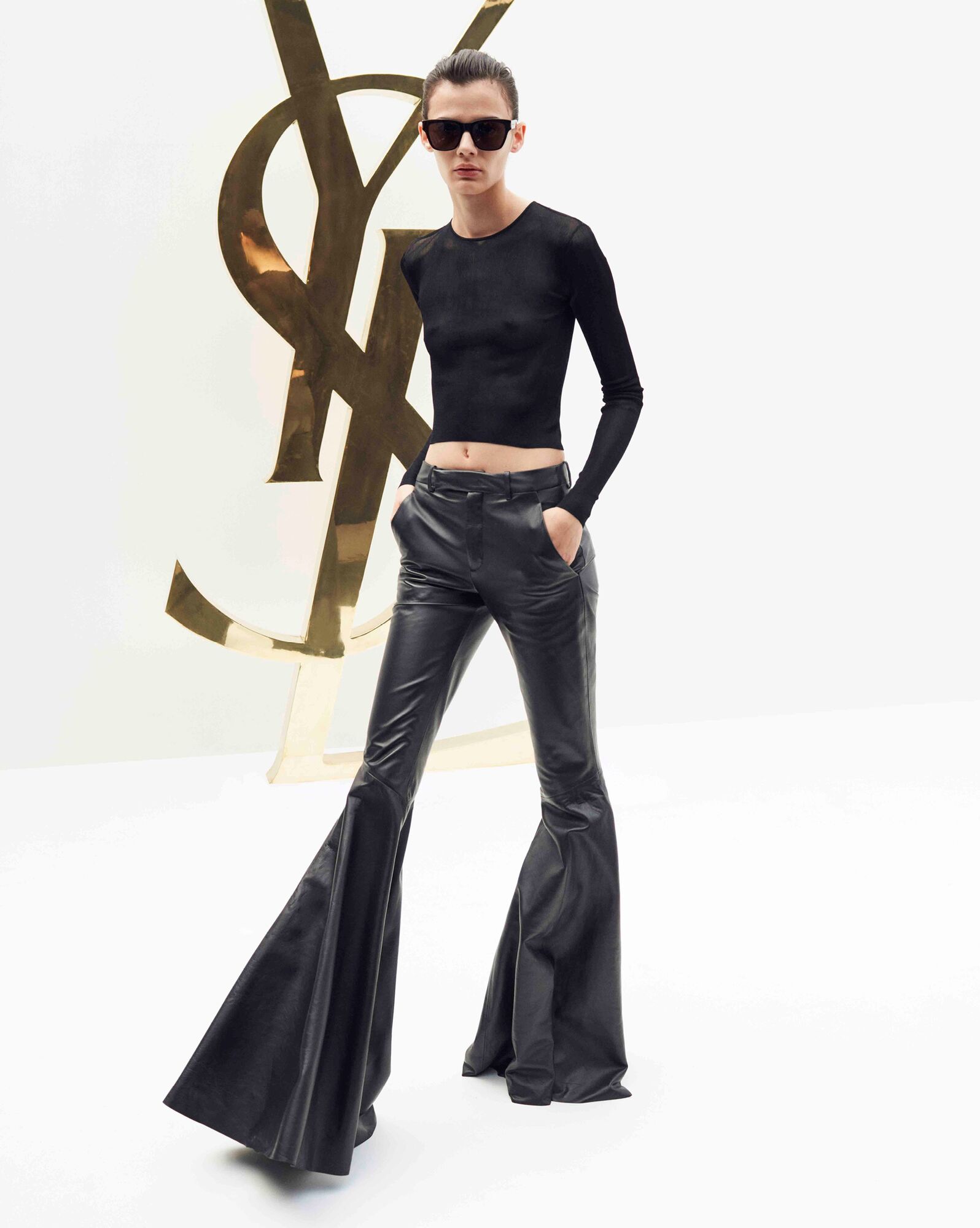 YSL Flared Pants In Shiny Lambskin Black | ERPND3257